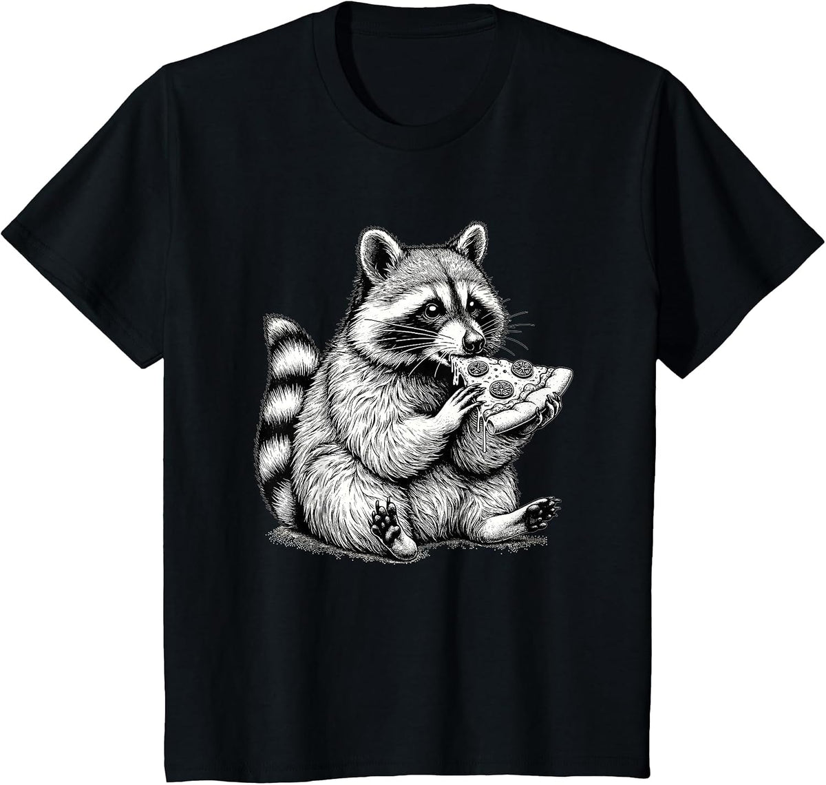 Raccoon Eating Pizza Slice Hand Drawn Art Cute Raccoon T-Shirt - Black