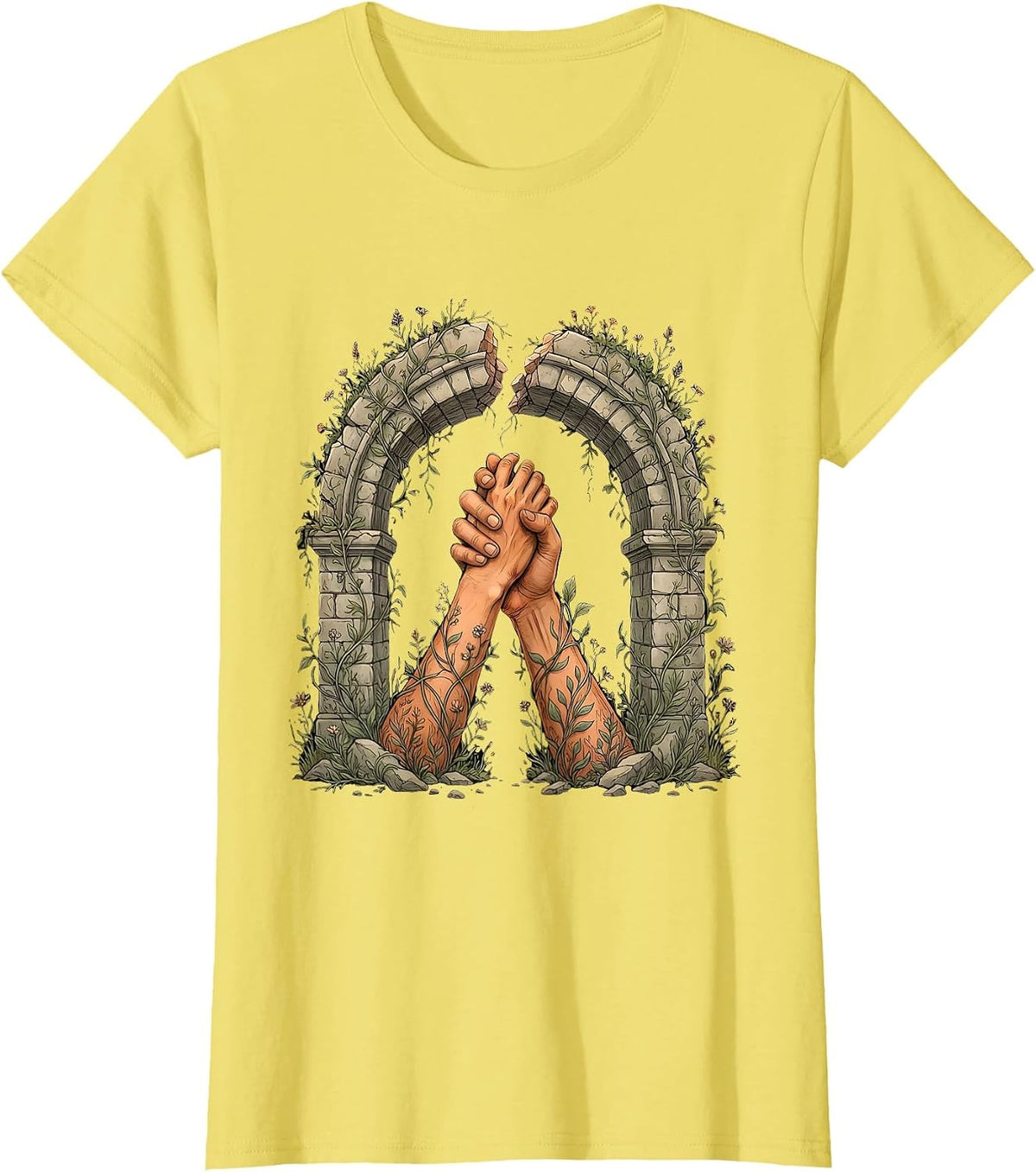 Women's Linked Arms Across a Broken Bridge Unity Design T-Shirt - Lemon Yellow
