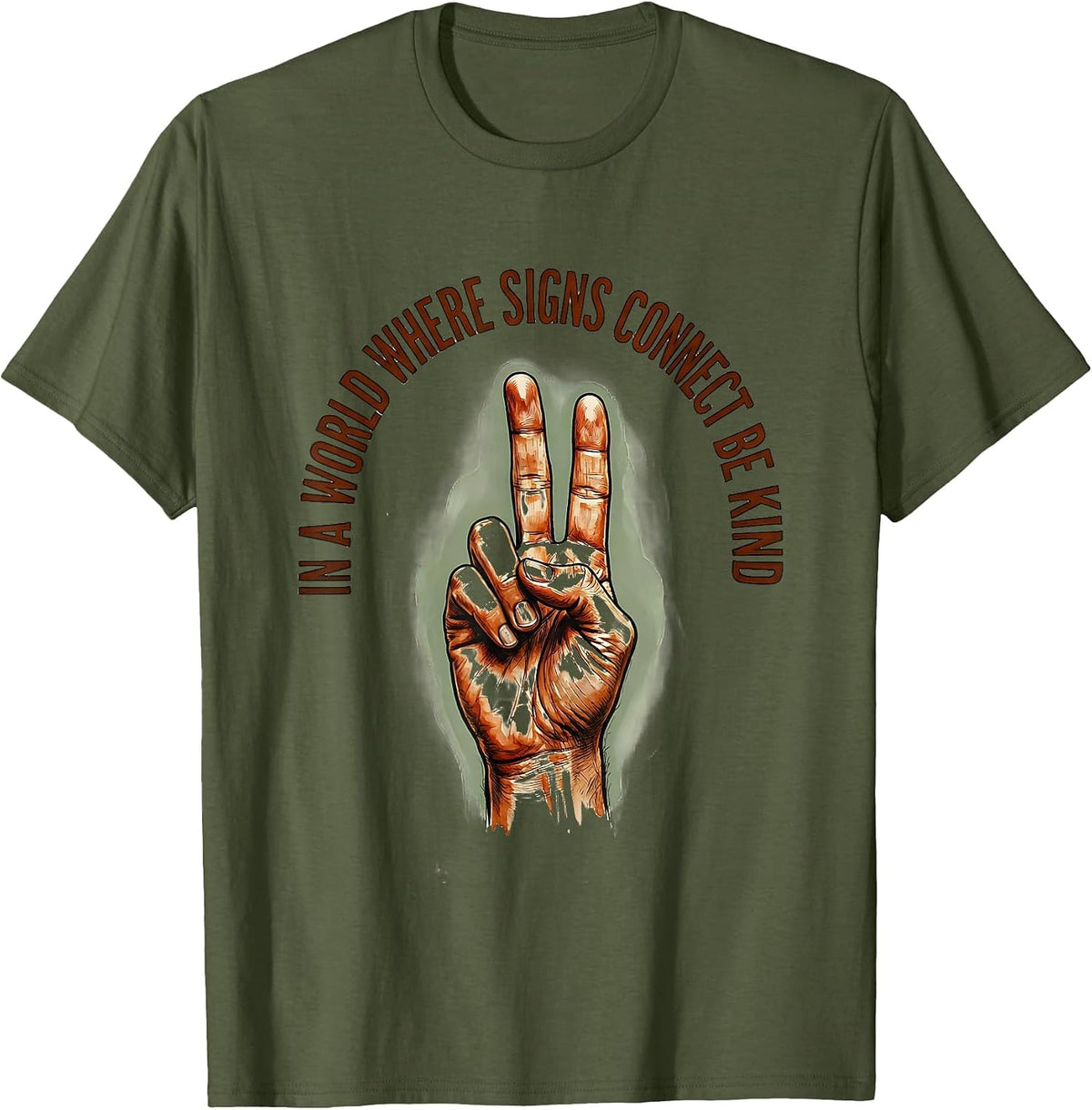 In A World Where Signs Connect Be Kind Vintage ASL Teacher T-Shirt - Olive Green