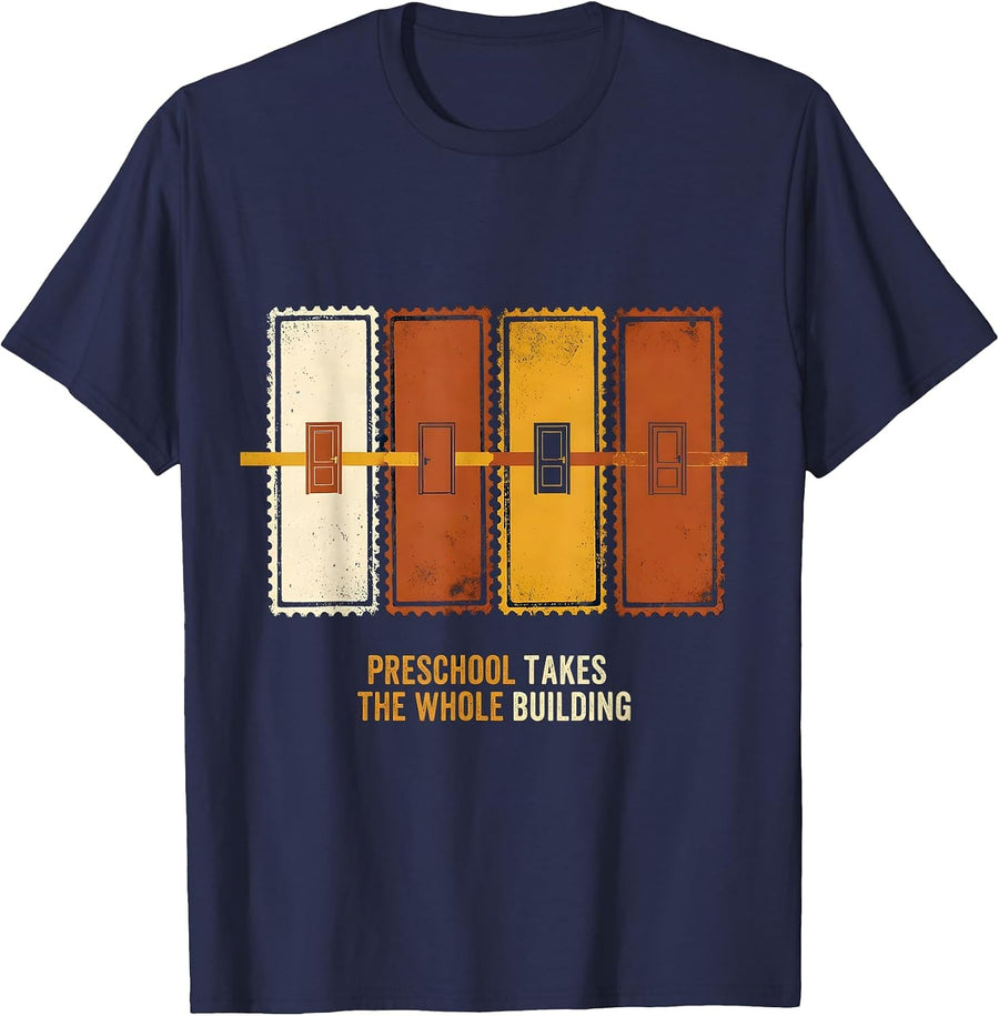 Preschool Takes The Whole Building Retro Teacher Squad T-Shirt - Navy Blue