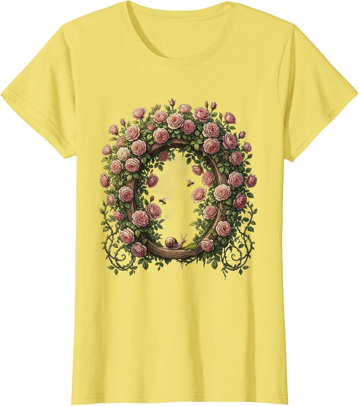 Women's Climbing Pink Roses Garden Arch Floral Design T-Shirt - Lemon Yellow