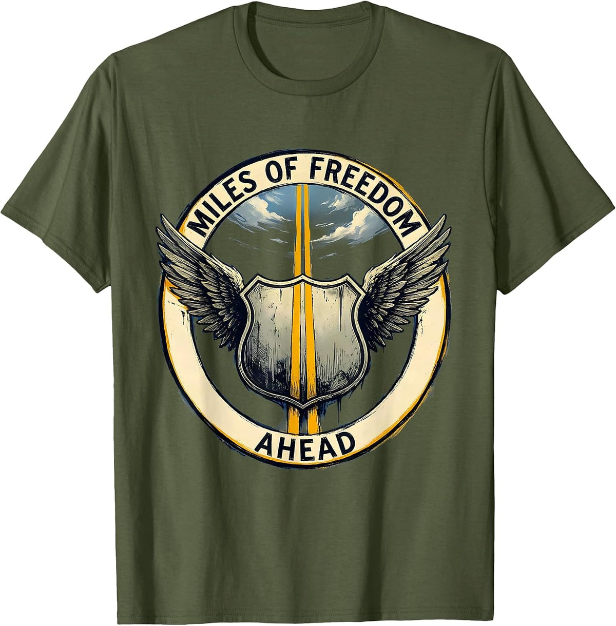 Route 66 Miles of Freedom Ahead Design T-Shirt - Olive Green