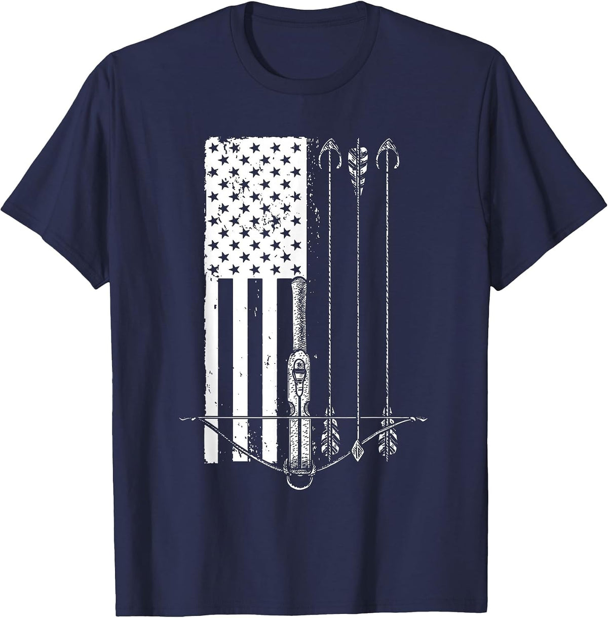 Cool Crossbow for Men Women Arrow Bow Hunting American Flag T-Shirt - Navy Blue