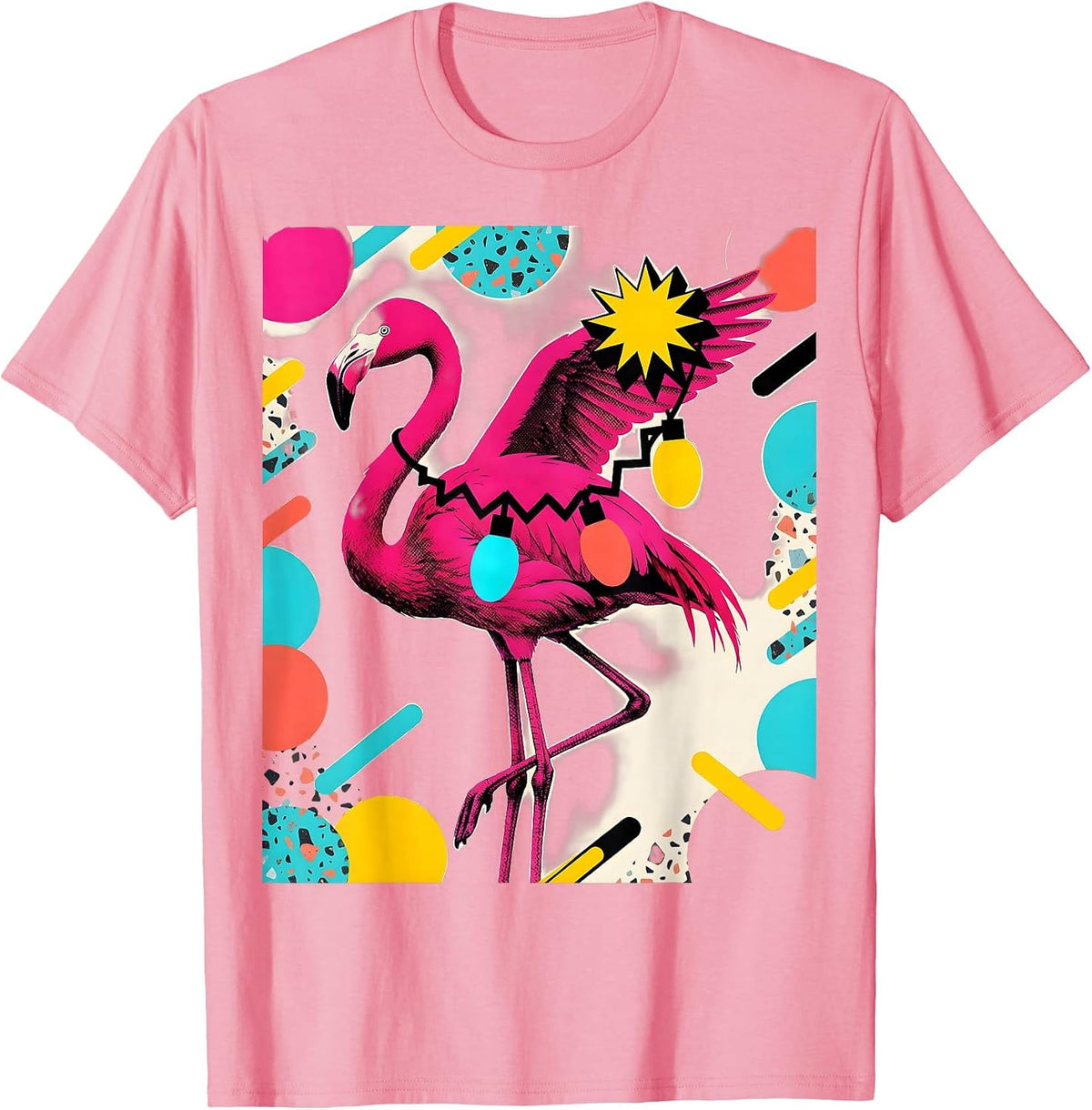 Men's Pink Flamingo Memphis Postmodern Christmas Holiday Novelty T-Shirt - Pink