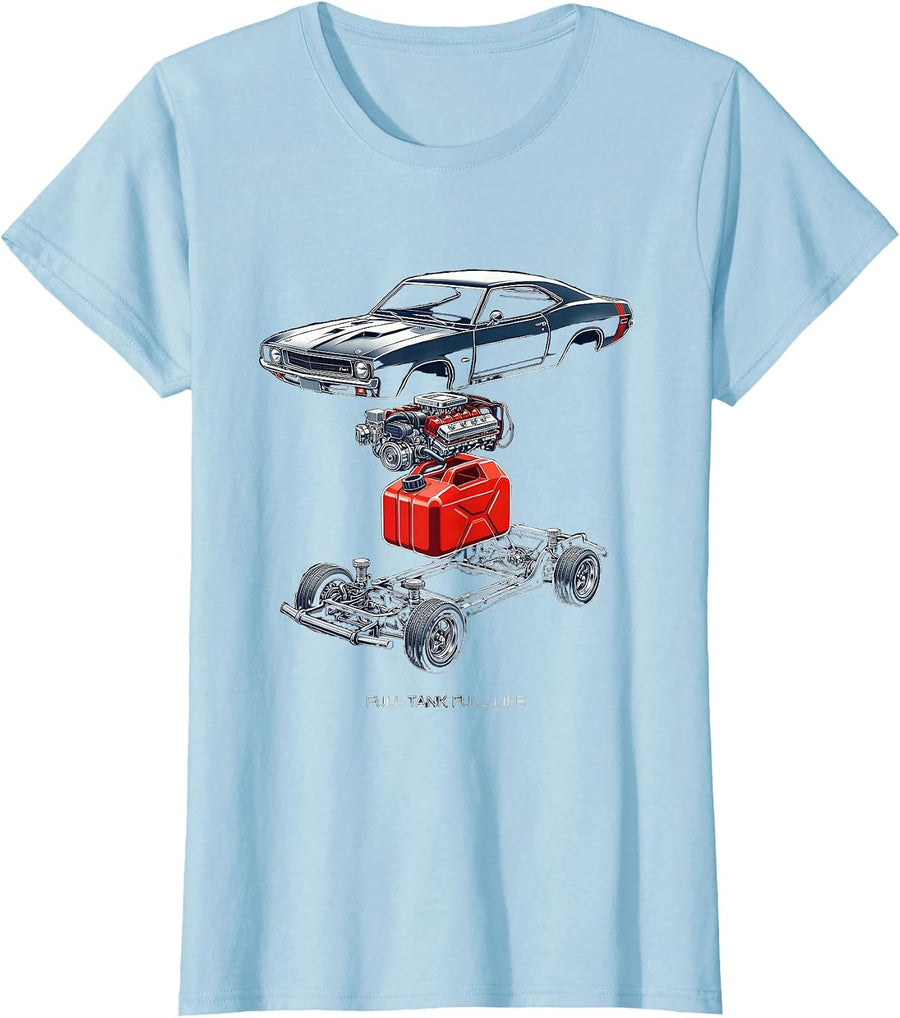 Women's Full Tank Full Life Car Enthusiast Design T-Shirt - Baby Blue