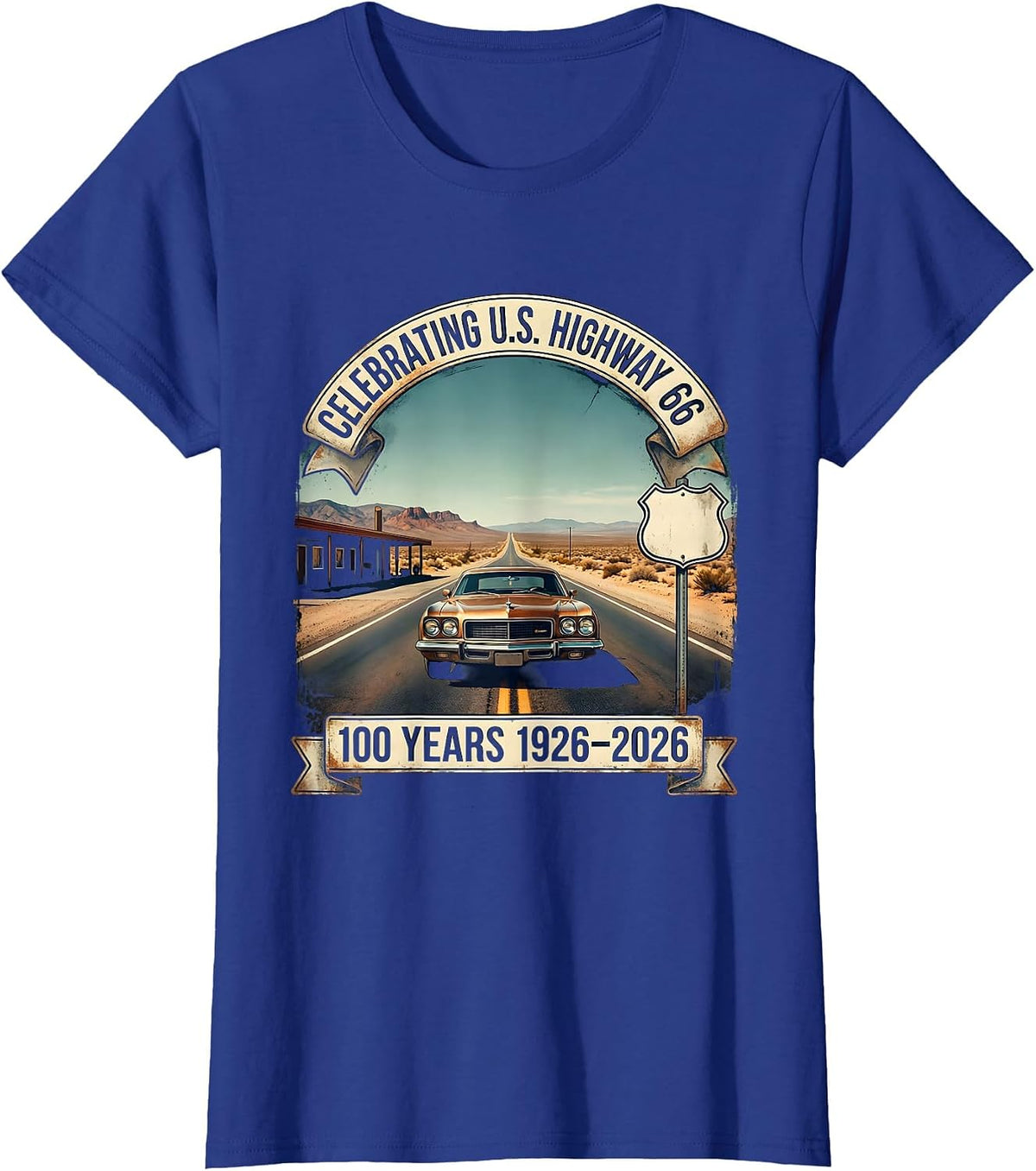 Women's Celebrating U.S. Highway 66 100 Years 1926-2026 Vintage T-Shirt - Royal Blue