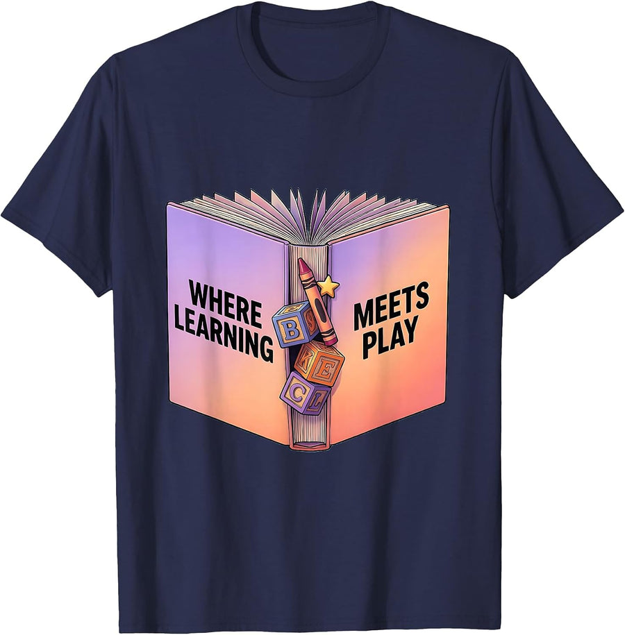 Where Learning Meets Play Preschool Teacher Design T-Shirt - Navy Blue