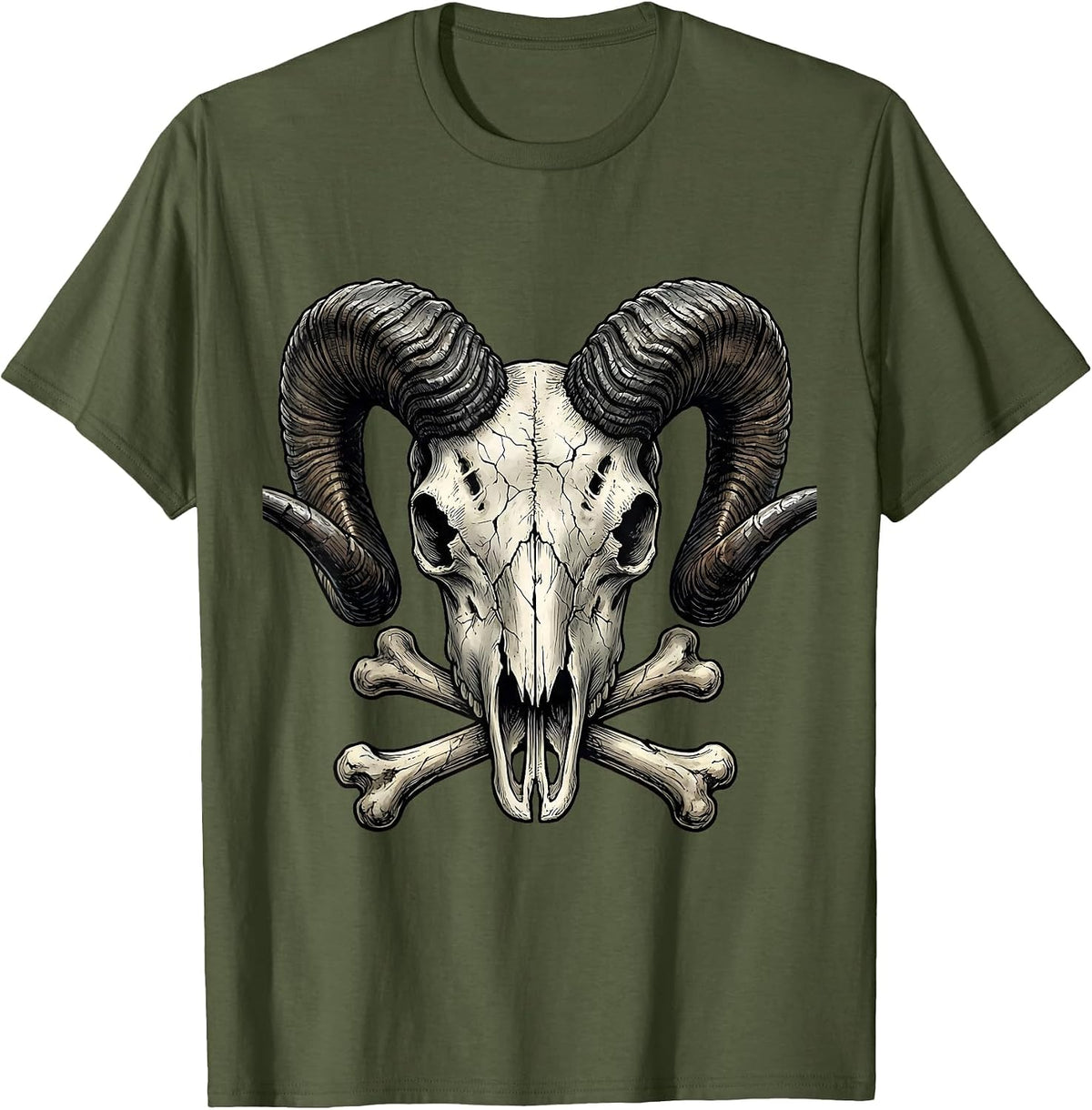 Horned Ram Skull Iron Horns Metal Graphic T-Shirt - Olive Green