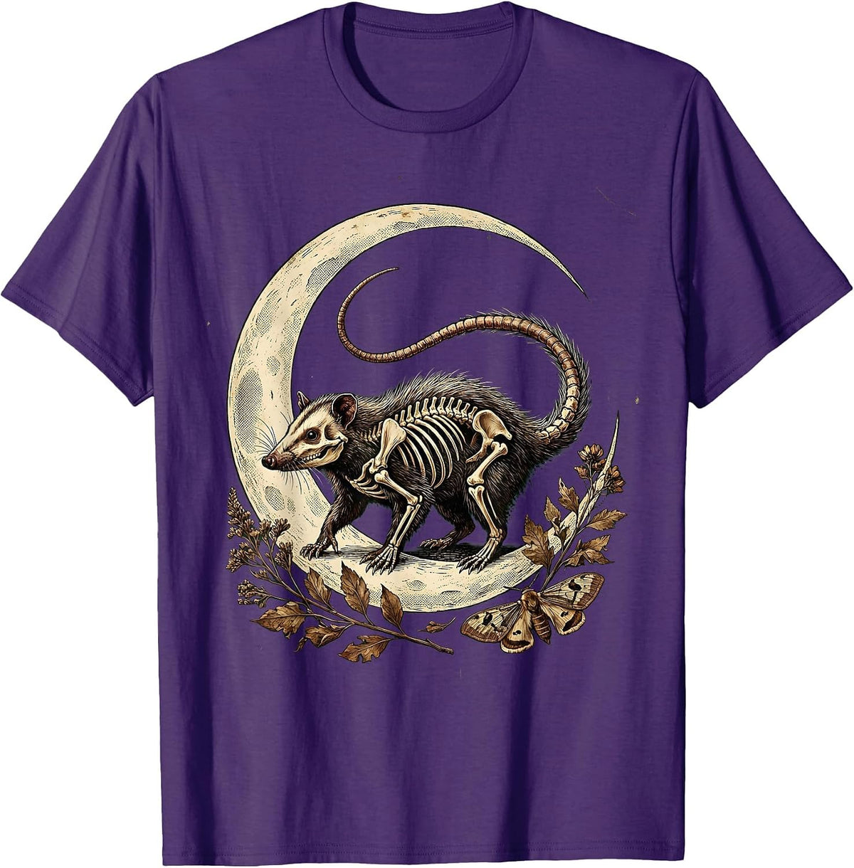 Skeleton Opossum Crescent Moon Gothic Night Art T-Shirt - Purple