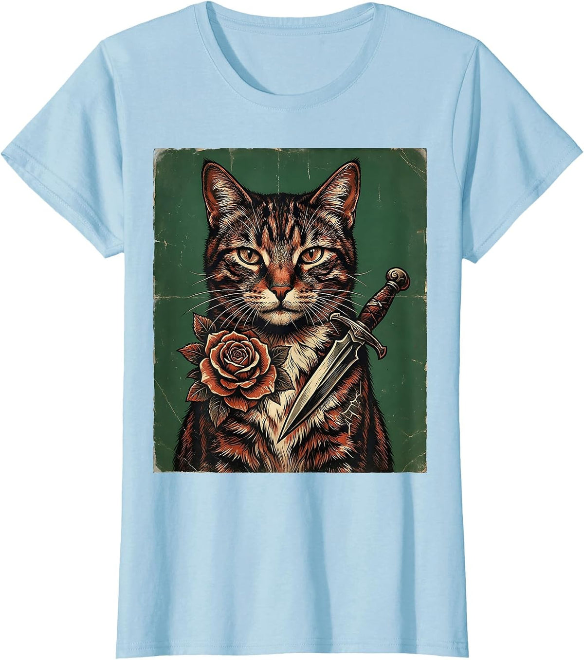 Tattooed Cat with Rose and Dagger Graphic T-Shirt - Baby Blue