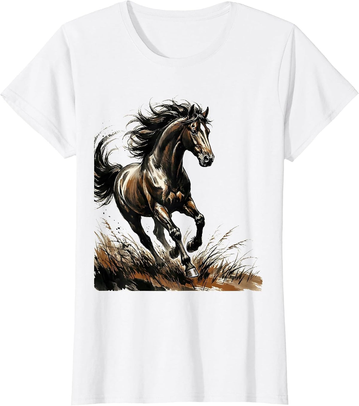 Horse Galloping Through Open Meadow Graphic T-Shirt - White