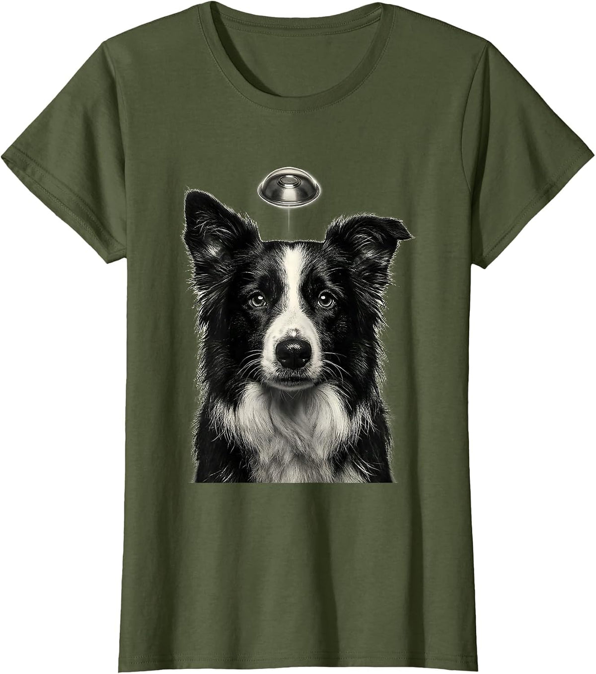 Women's Border Collie UFO Abduction Funny Dog Breed Meme T-Shirt - Olive Green