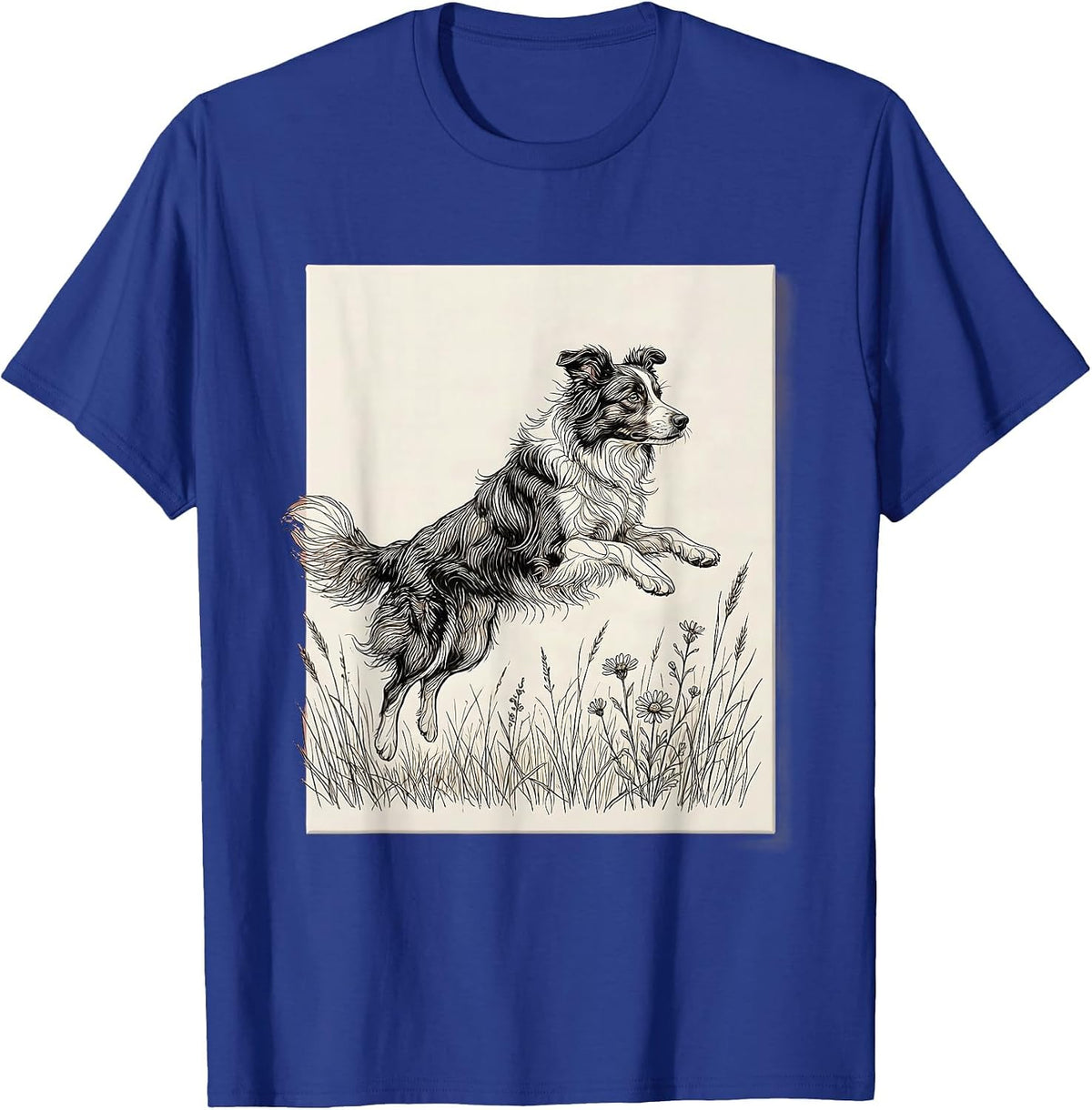 Border Collie Leaping Through Meadow Grass T-Shirt - Royal Blue