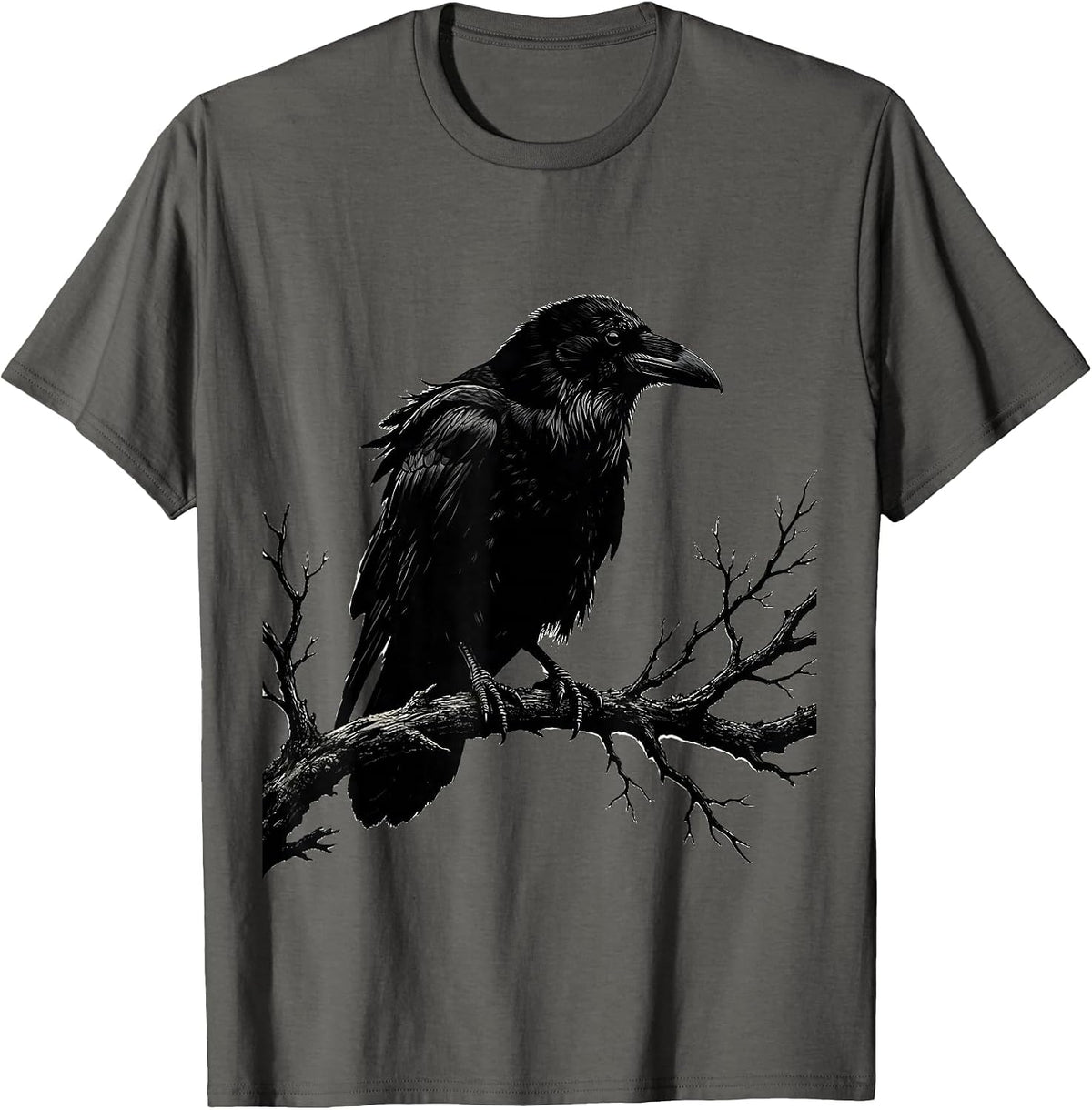 Hooded Crow on Winter Branch Nature Illustration T-Shirt - Asphalt Grey