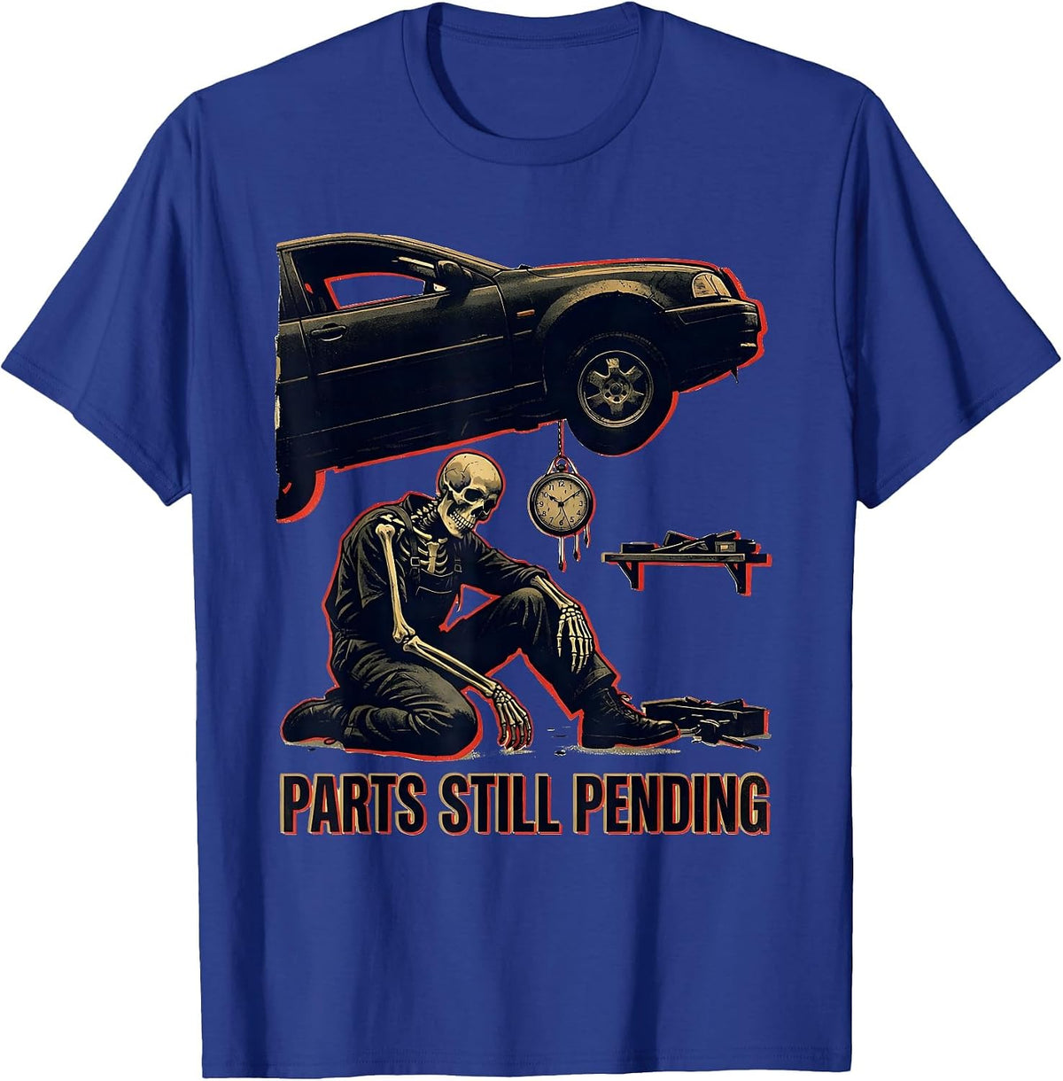 Parts Still Pending Funny Mechanic Skeleton Auto Repair T-Shirt - Royal Blue