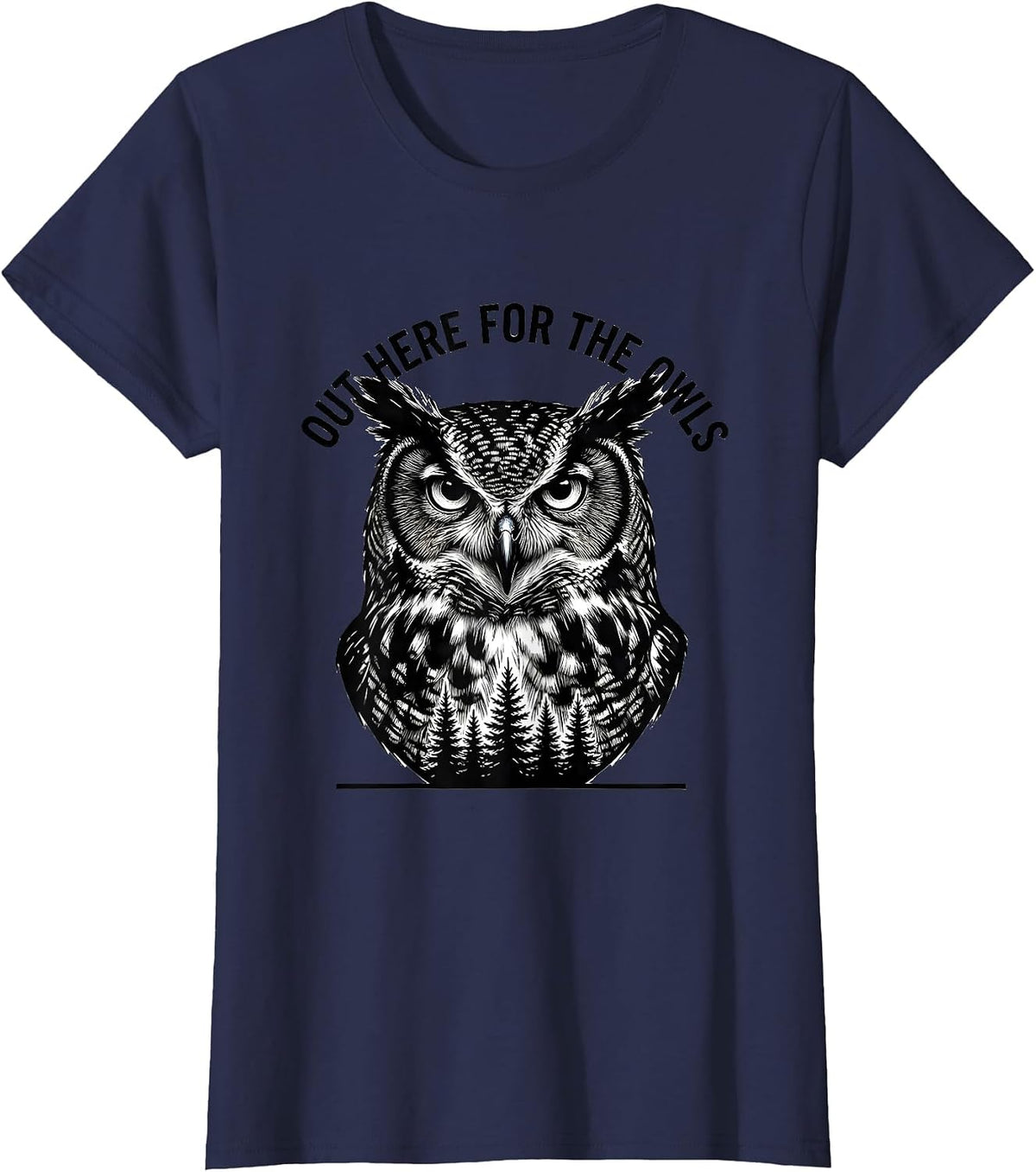 Women's Out Here For The Owls Scratchboard Forest Wildlife Animal T-Shirt - Navy Blue