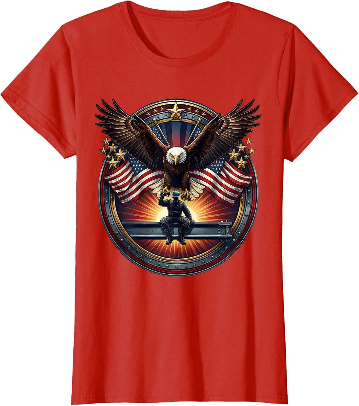 Women's Construction Worker Steel Beam Sunrise Graphic T-Shirt - Red