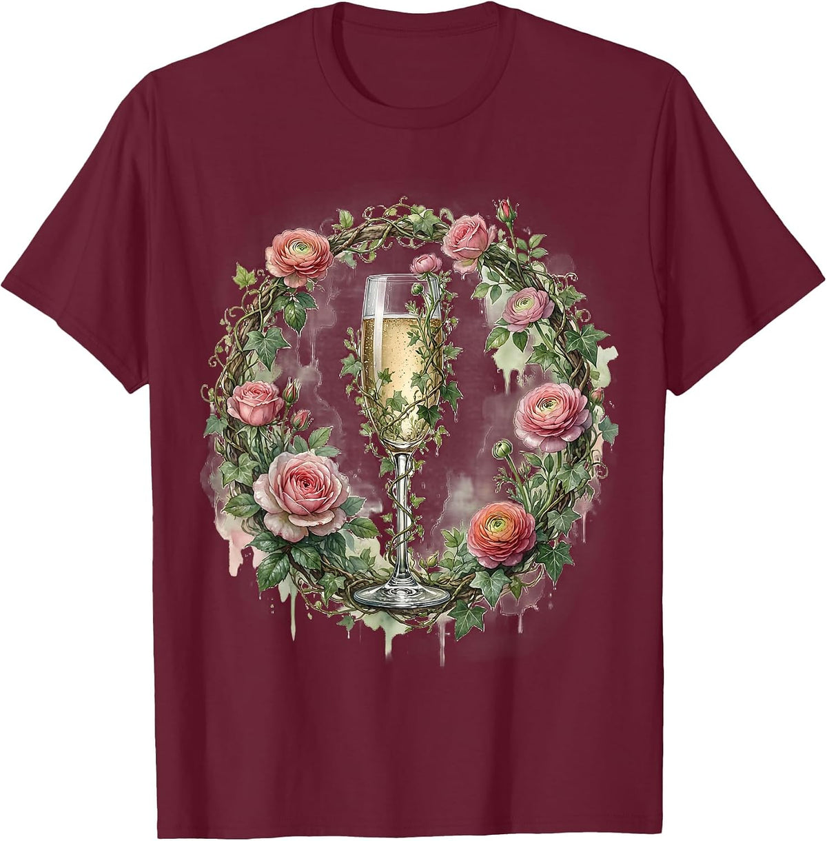 Floral Derby Champagne Flute Climbing Vines T-Shirt - Burgundy