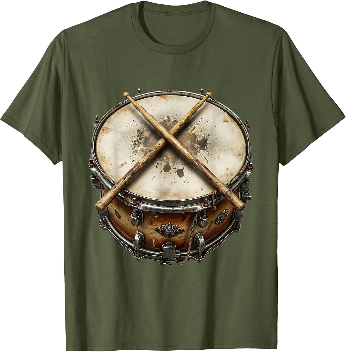 Men's Crossed Drumsticks Snare Drum Percussion Graphic T-Shirt - Olive Green