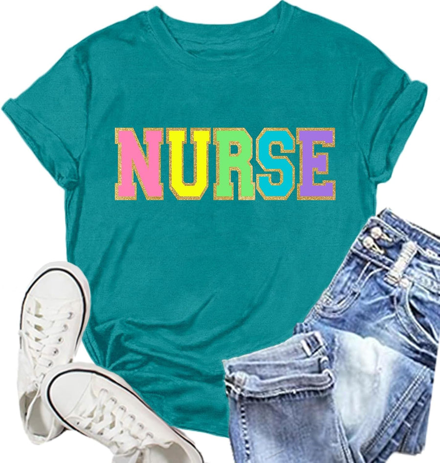 Nurse Shirt for Women Kind Caring Loving Calm Strong Loyal T-Shirts Nurses Week Tee Top - Cyan