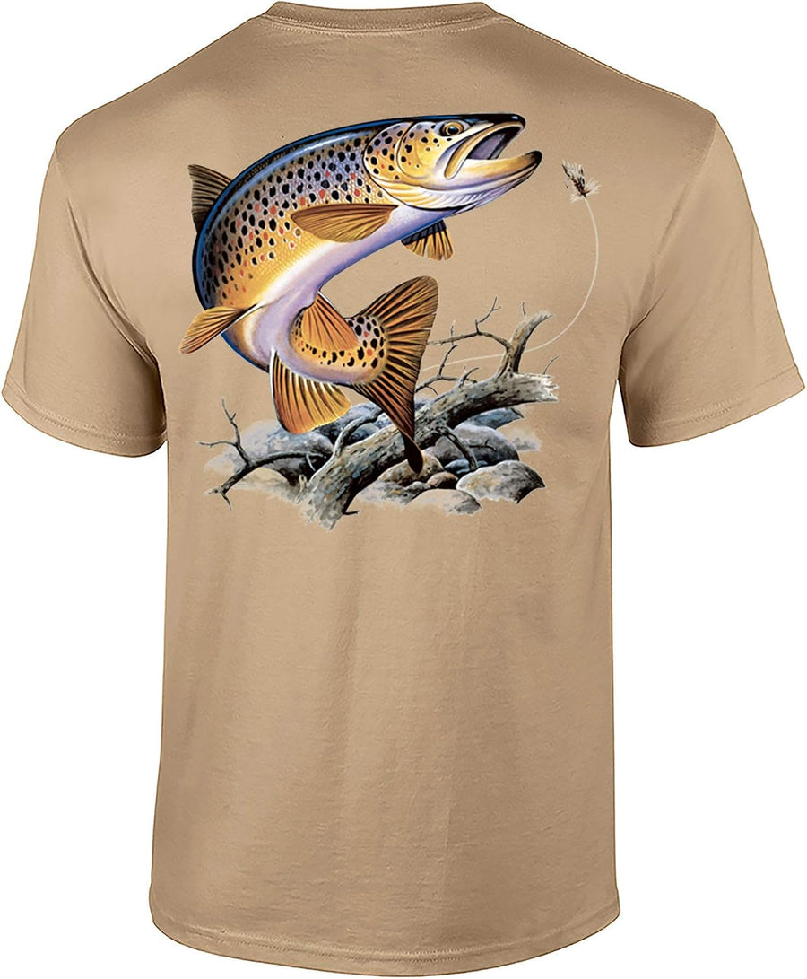 Fishing Brown Trout Adult Short Sleeve Tee Shirt Sports Gray - Tan