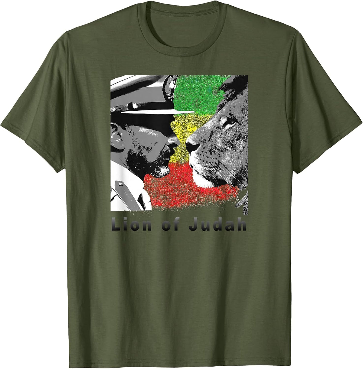 Lion of Judah Haile Selassie I. with Reggae Flag T-Shirt - Olive Green