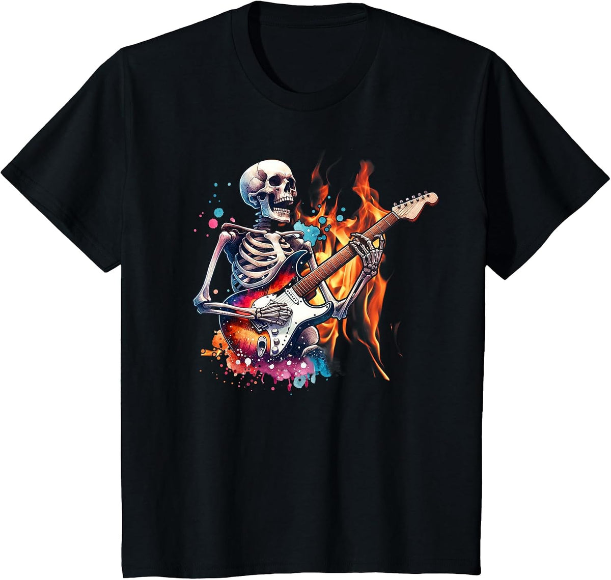 Skull Skeleton Metalhead Playing Guitar Graphic T-Shirt - Black
