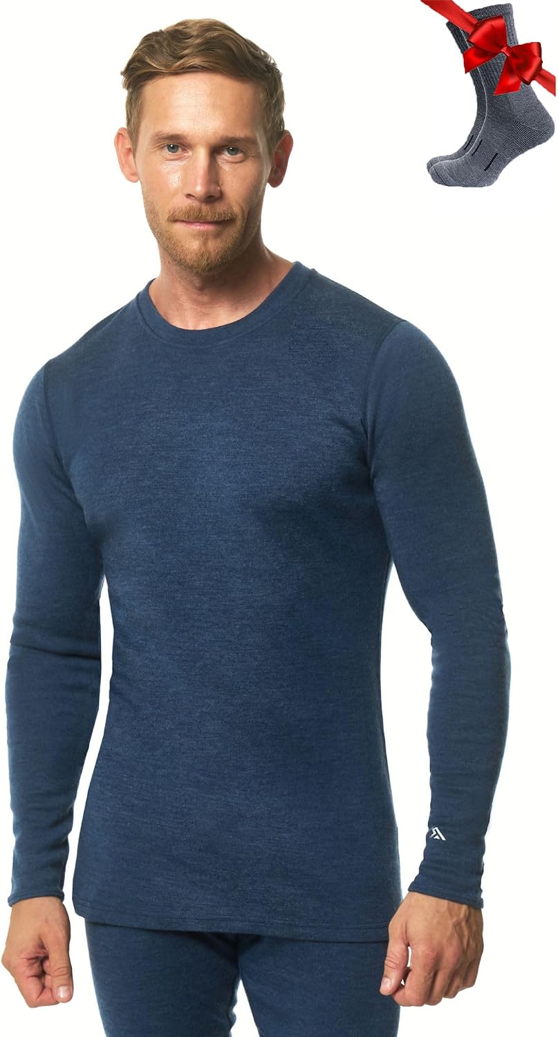 Merino.tech 100% Merino Wool Base Layer Mens - Long Sleeve Thermal Shirts - 320 Navy