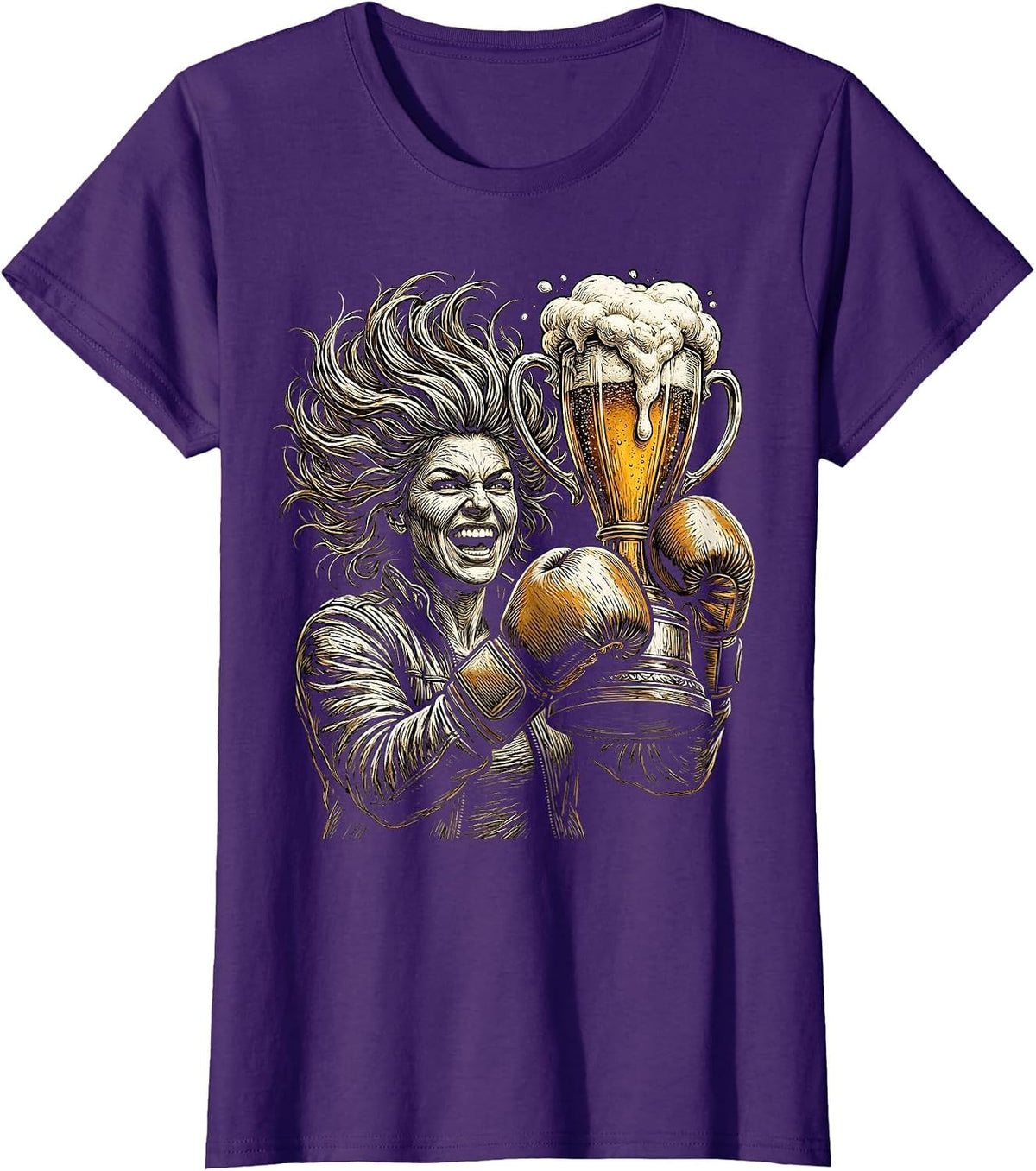 Women's Beer Trophy Boxing Gloves Champion Graphic T-Shirt - Purple