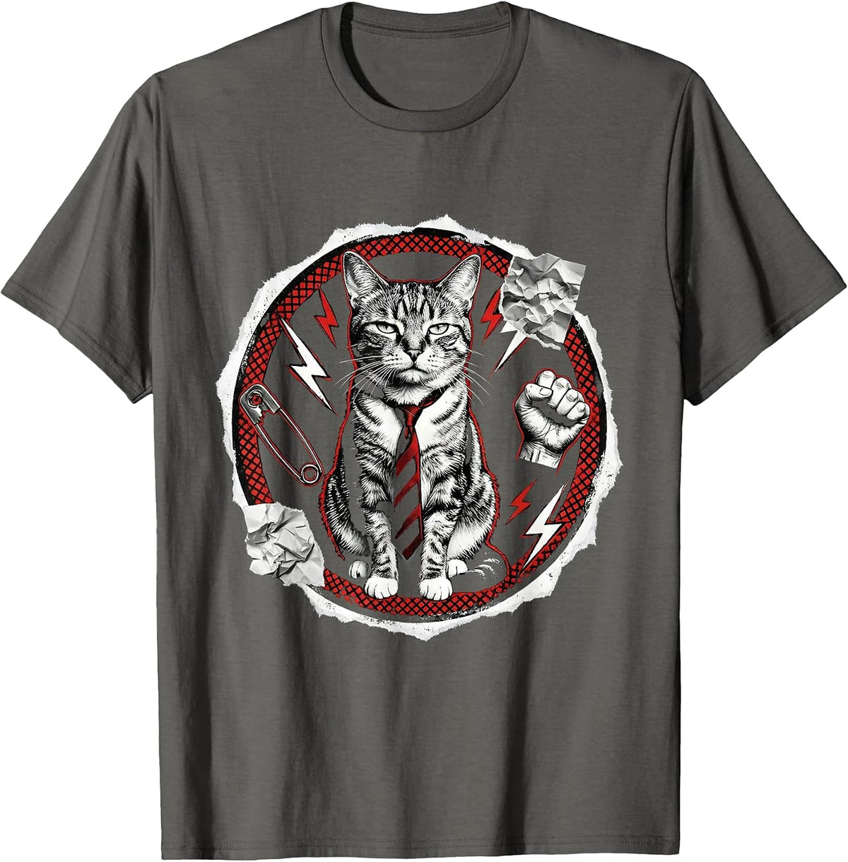 Stoic Cat in Business Tie Ignoring Chaos T-Shirt - Asphalt Grey