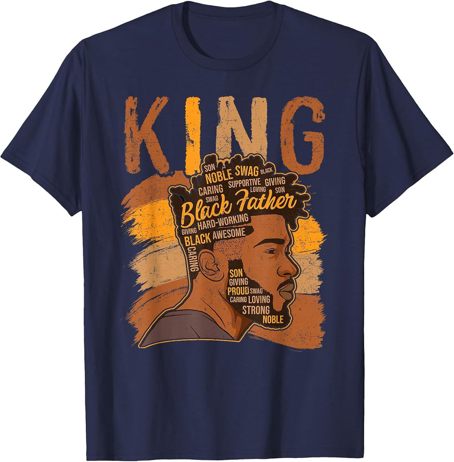 Strong Black King African American Tee Natural Afro Men Boy T-Shirt - Navy Blue
