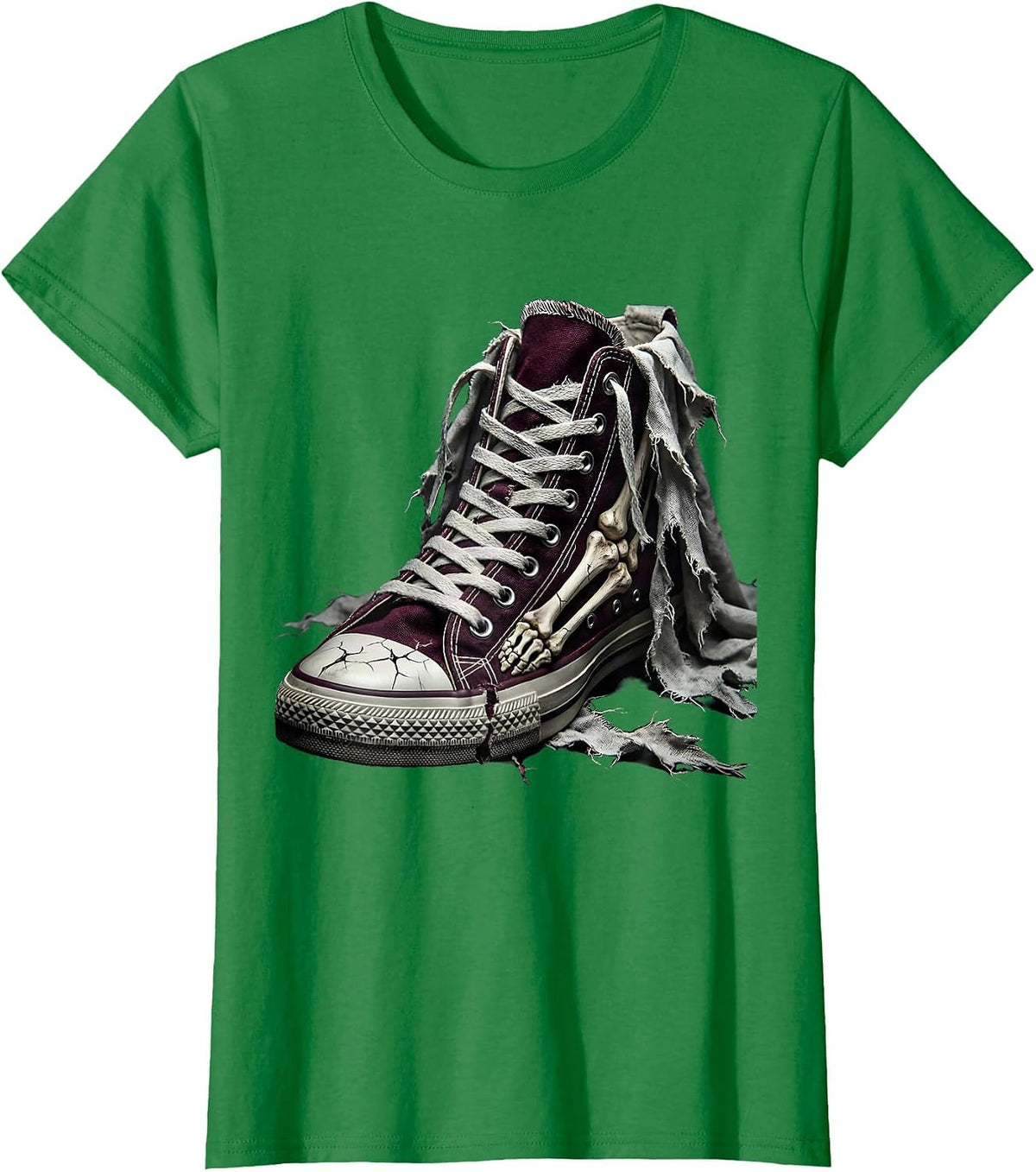 Women's Punk Ripped Sneaker Exposed Toe Bones Graphic T-Shirt - Kelly Green