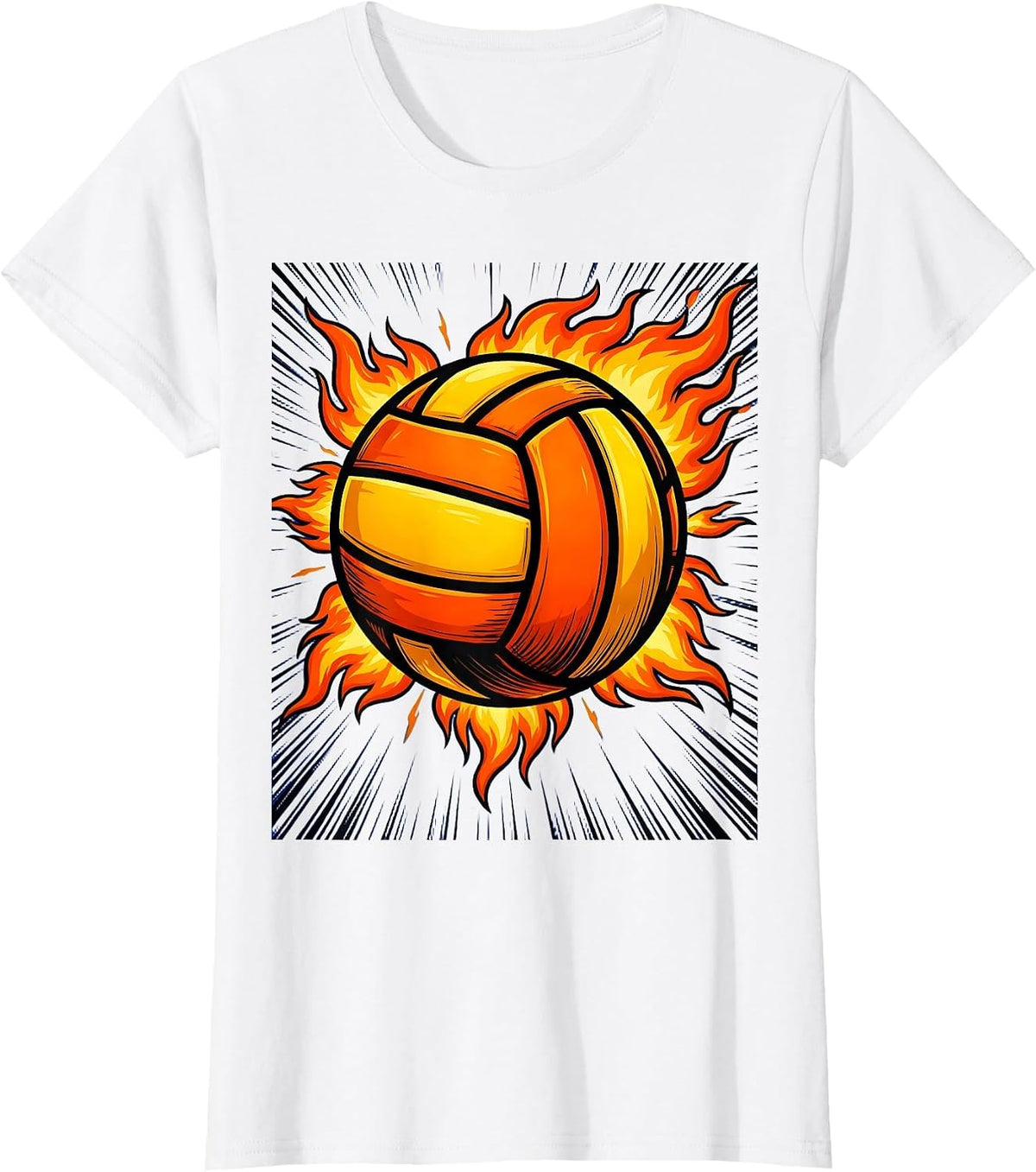 Women's Flaming Volleyball Fire Burst Graphic Tee T-Shirt - White