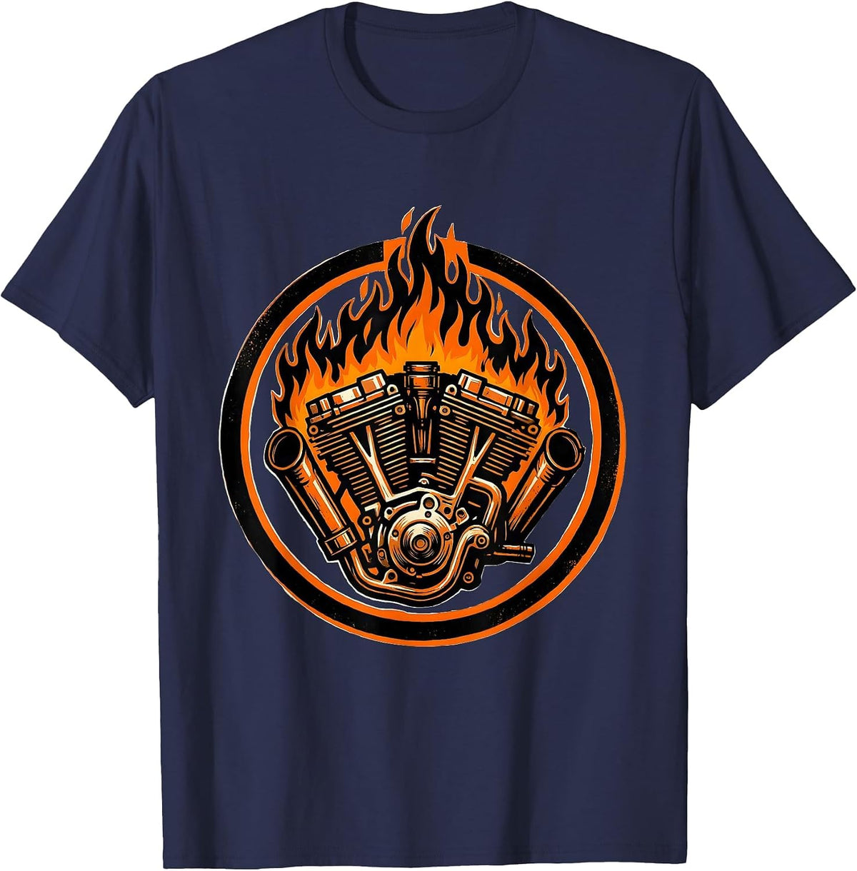 Men's Dirt Bike Engine Flames Graphic Tee T-Shirt - Navy Blue