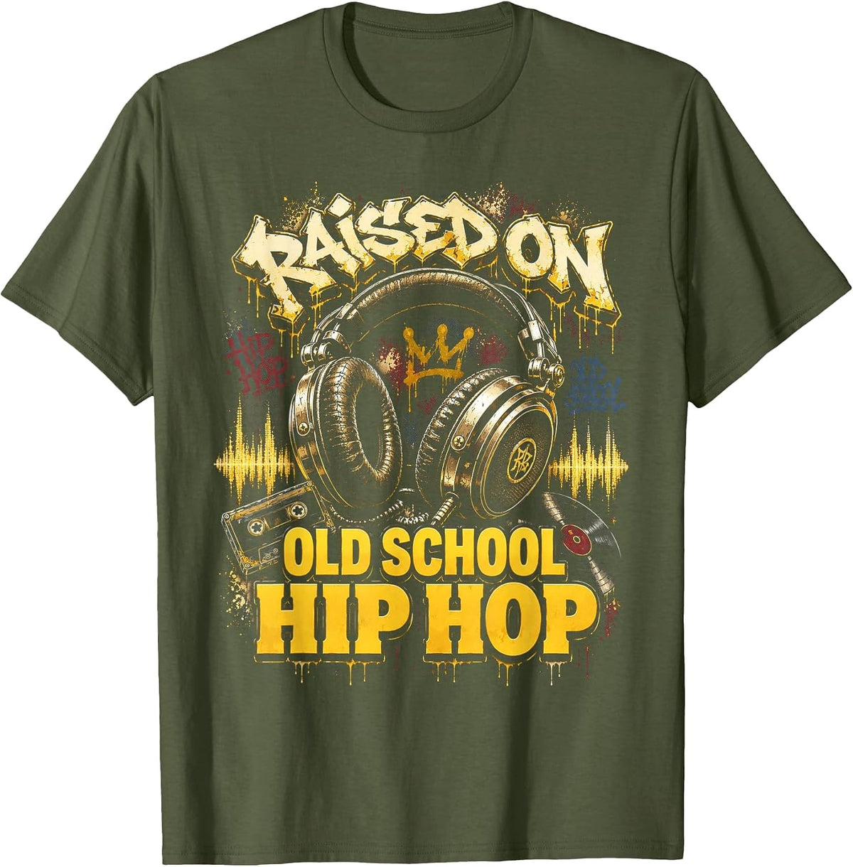 Raised On Old School Hip Hop Cassette Graffiti Rap T-Shirt, Men, Olive Green, Small - As Pictured