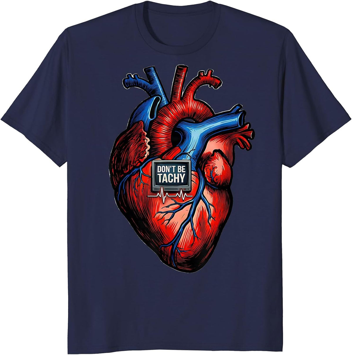 Don't Be Tachy Comic Book Cardiac Nurse Anatomy Humor T-Shirt - Navy Blue