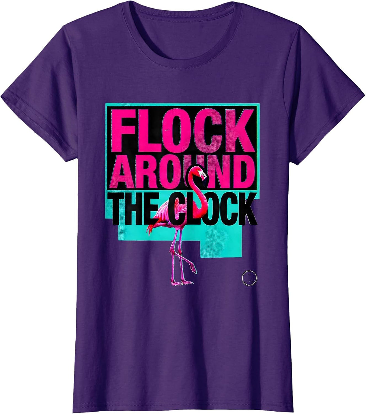 Women's Flock Around The Clock Risograph Funny Flamingo Novelty Gift T-Shirt - Purple