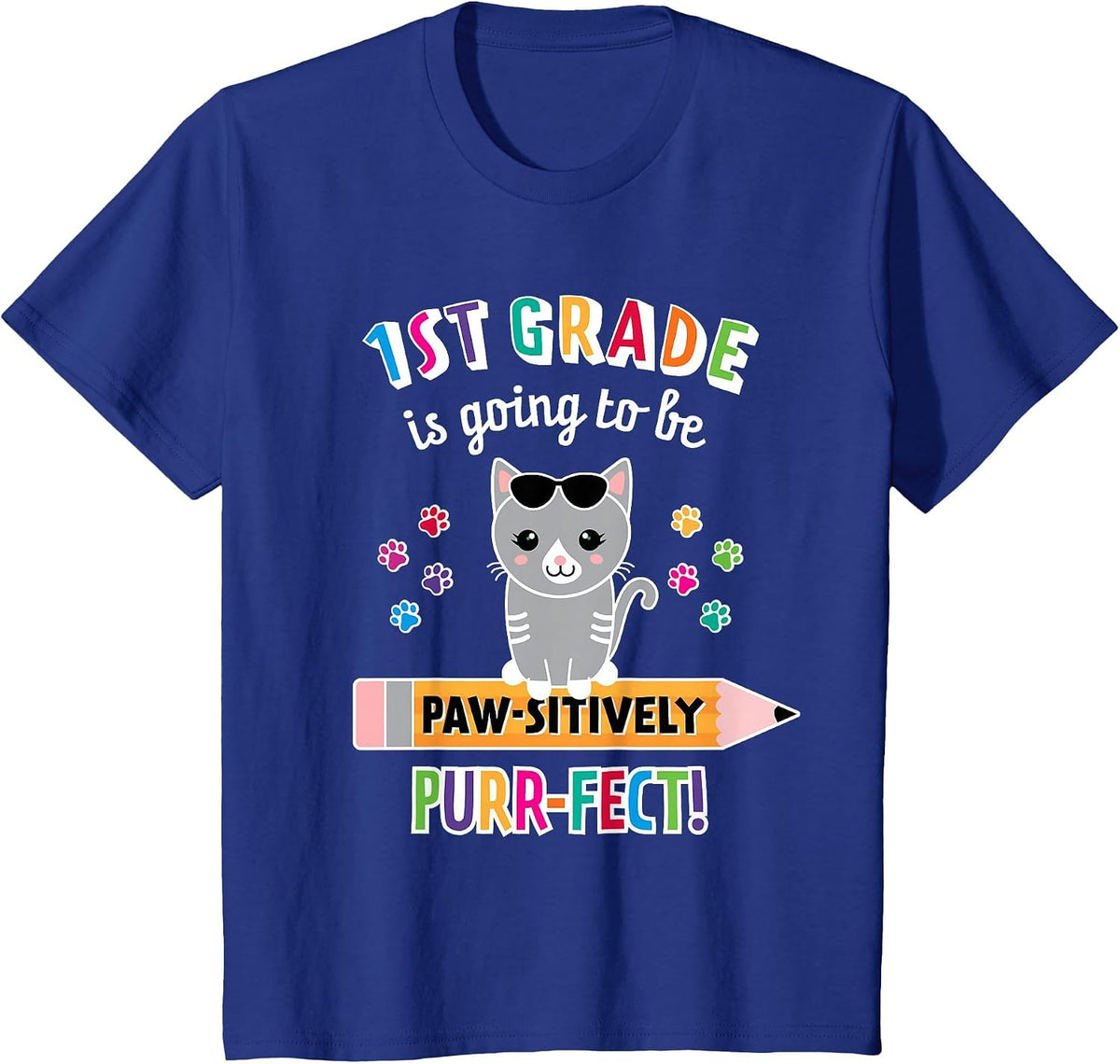 First Day of School First Grade Back to School Cat T-Shirt - Royal Blue