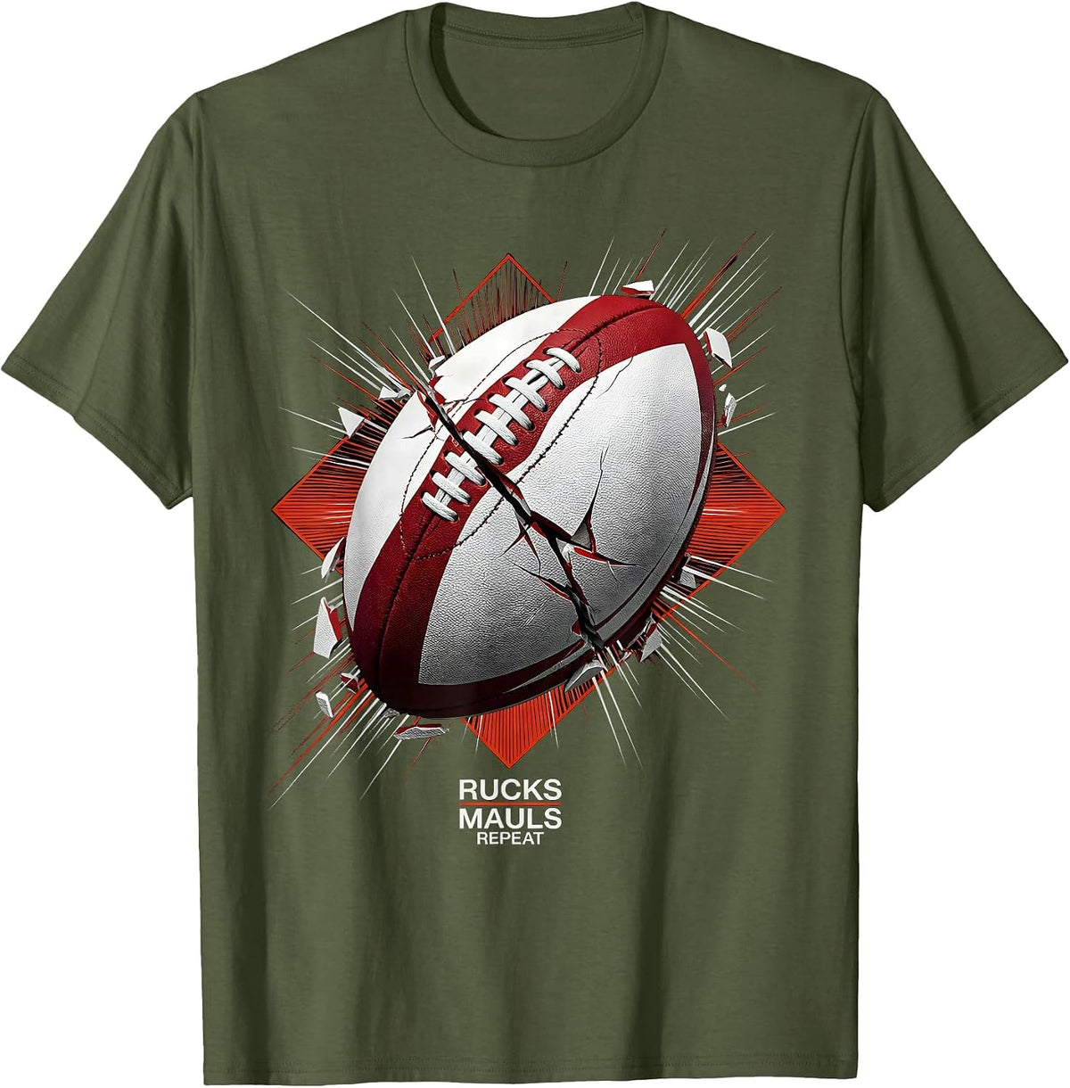 Rucks Mauls Repeat Rugby Graphic Design T-Shirt - Olive Green