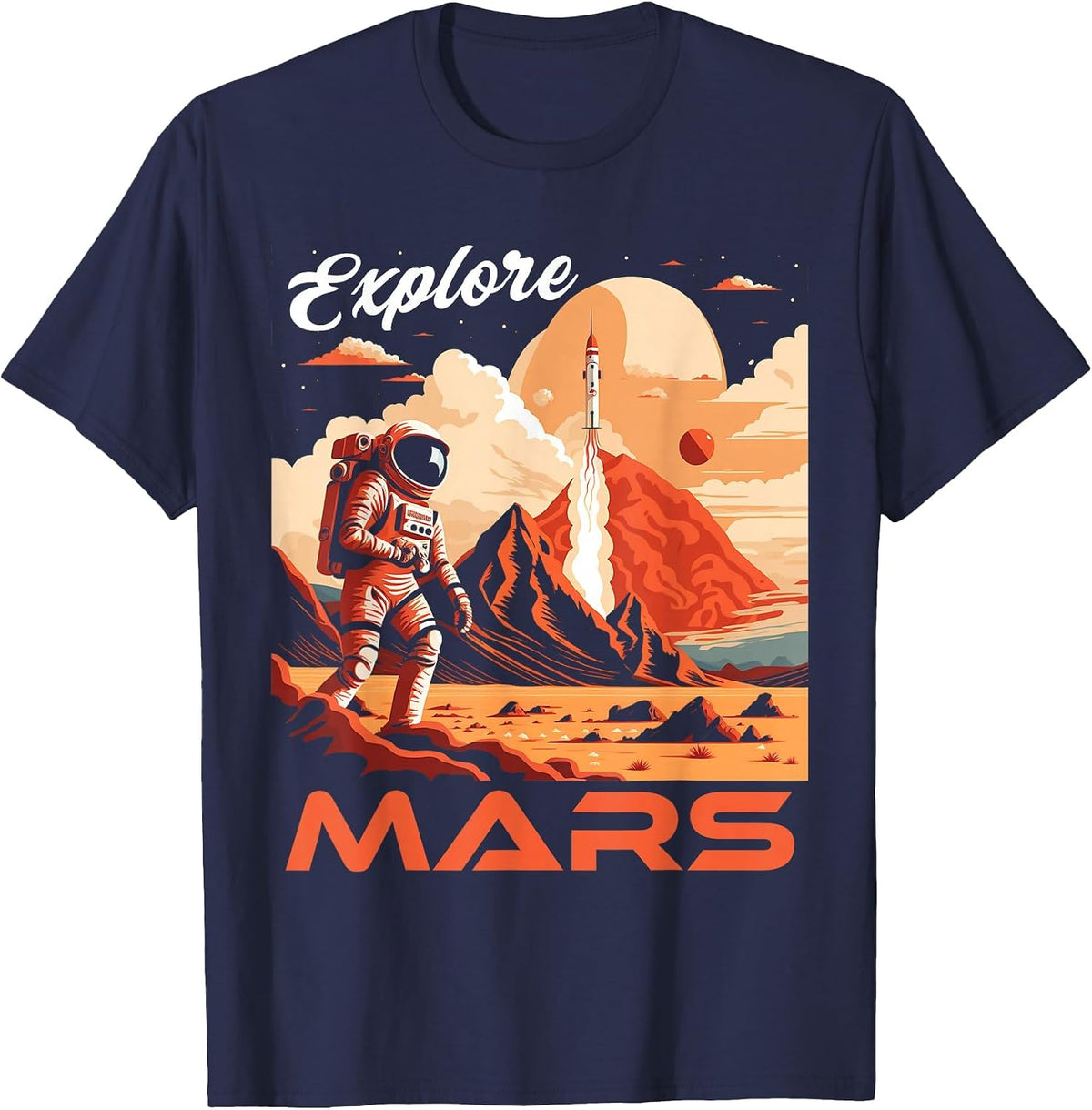 Explore Mars Vintage Martian Tourism Poster Style Space T-Shirt - Navy Blue