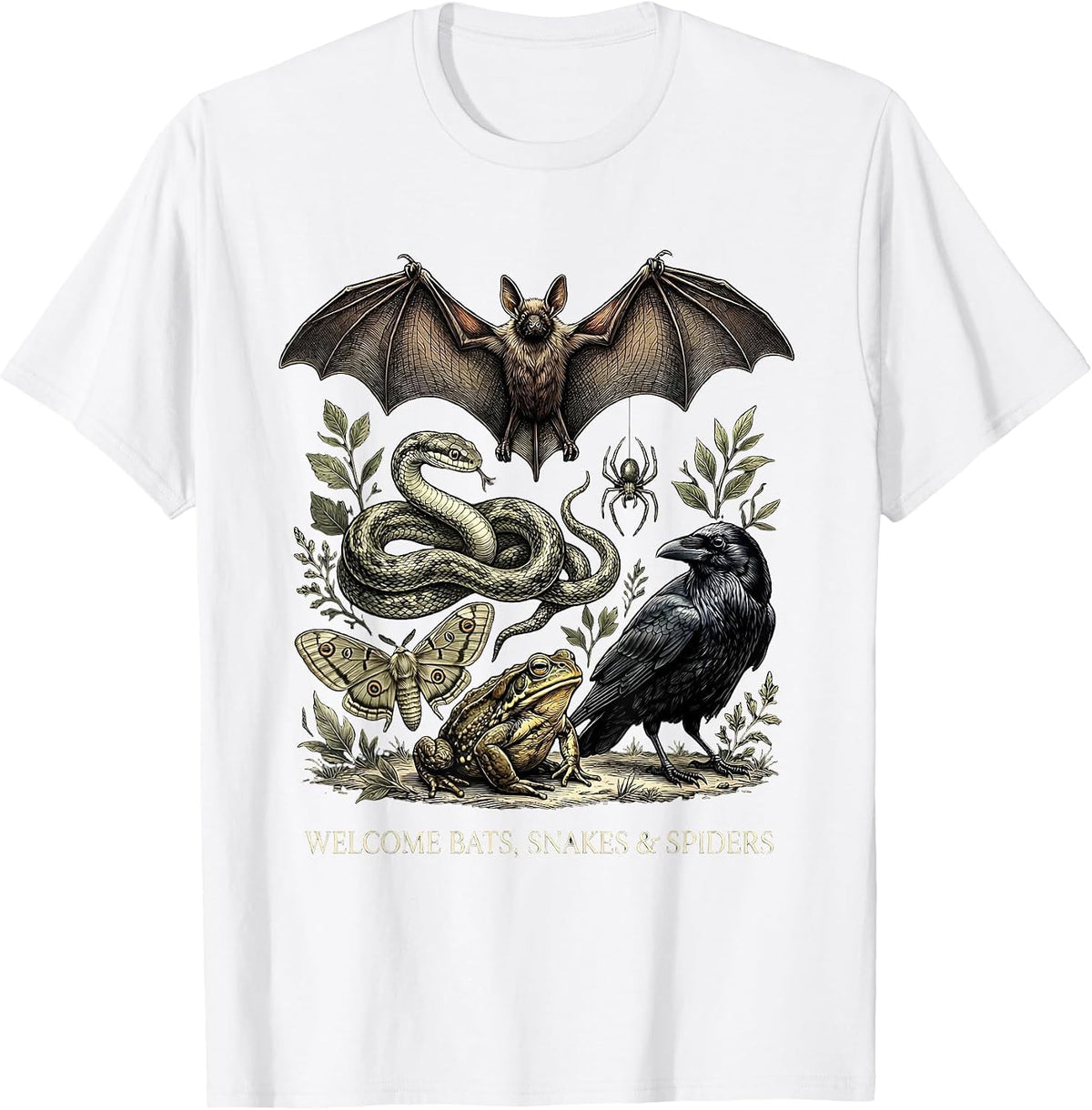 Men's Welcome Bats, Snakes & Spiders Gothic Nature Lover Animal T-Shirt - White