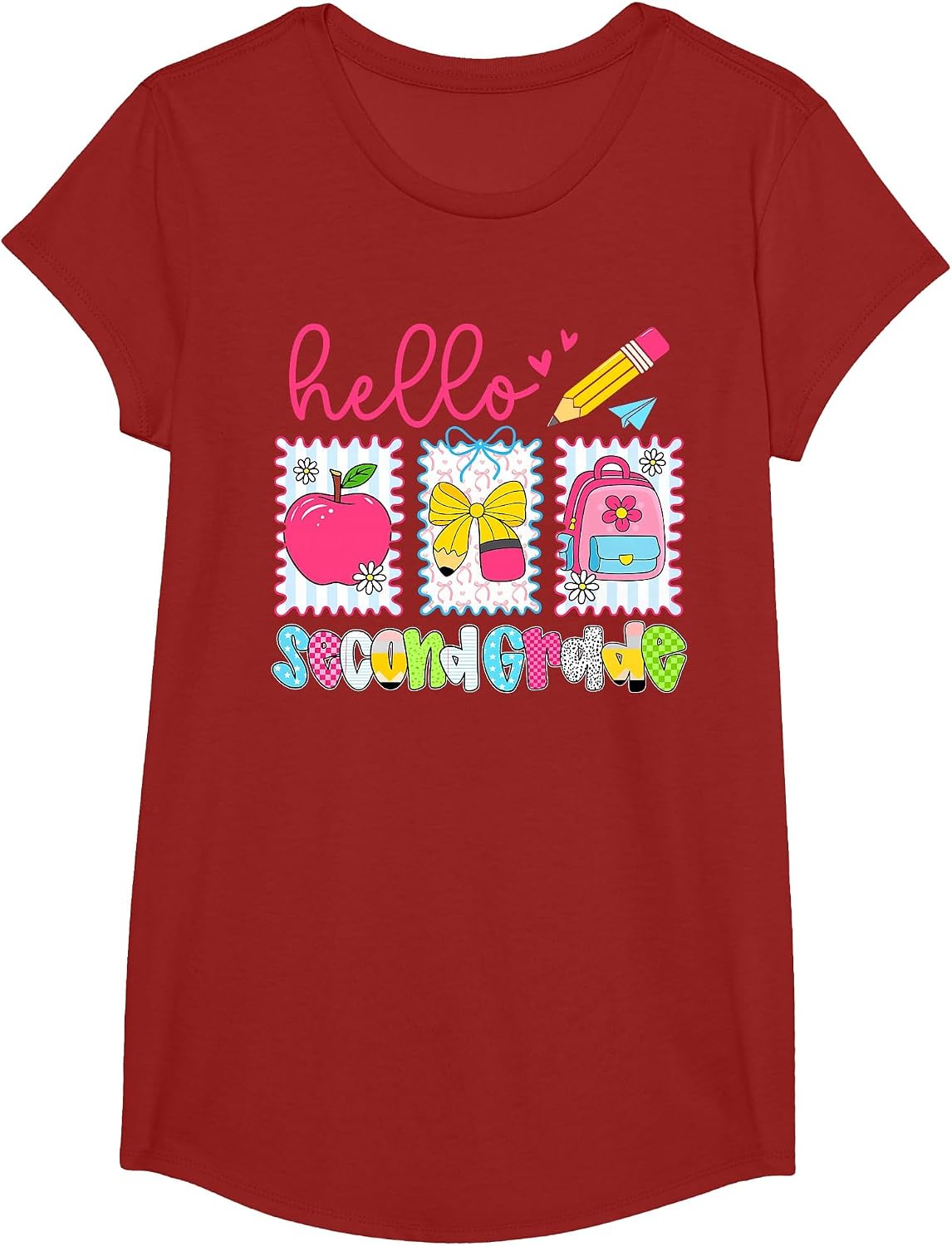 Preppy Hello Second Grade Team Back to School Teachers Kids T-Shirt, Girls, Cranberry Red, X-Small - As Pictured