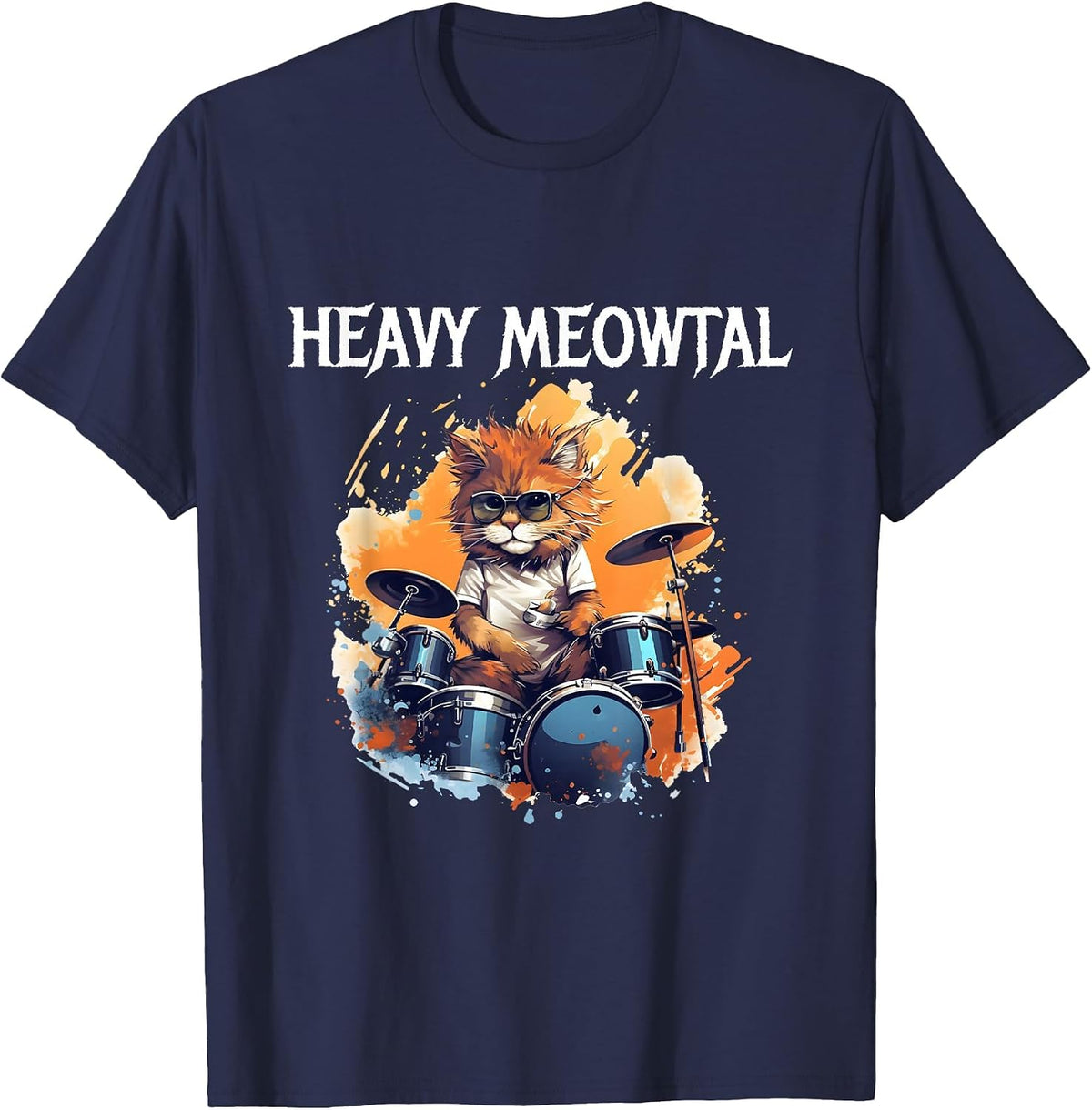 Heavy Metal Cat Drummer Cat Playing Drum Meowtal T-Shirt - Navy Blue