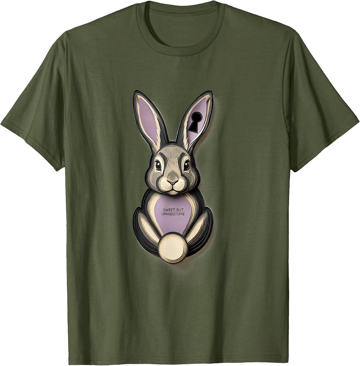 Men's Sweet But Unwelcome Paper Cutout Bunny Rabbit Lover Humor T-Shirt - Olive Green