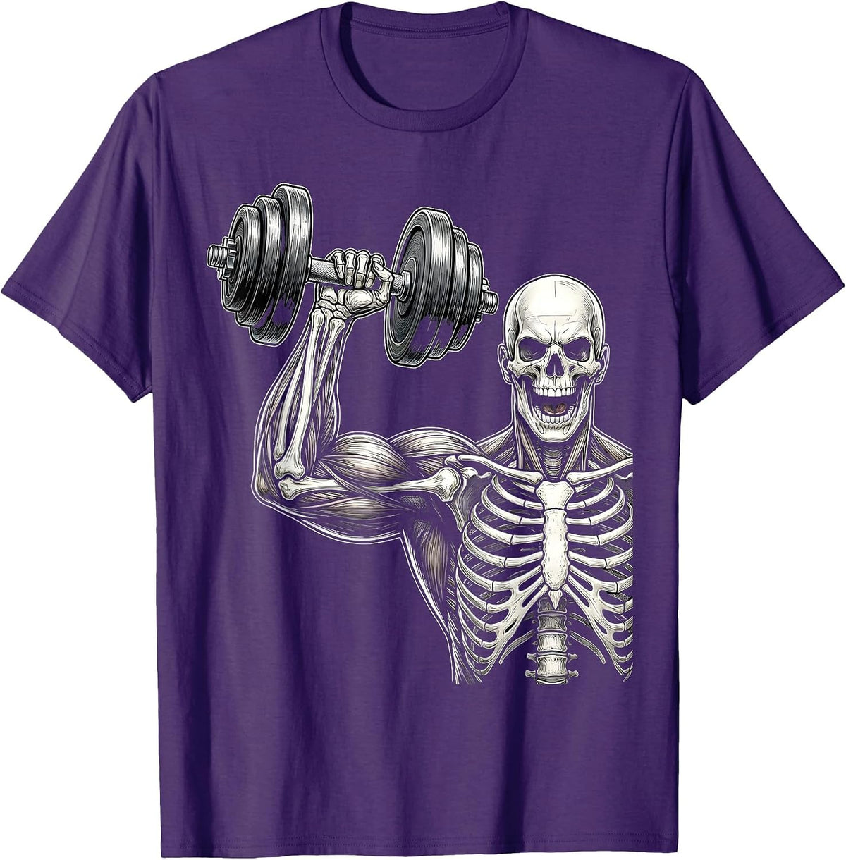 Skeleton Flexing Bicep Curl Gym Graphic T-Shirt - Purple