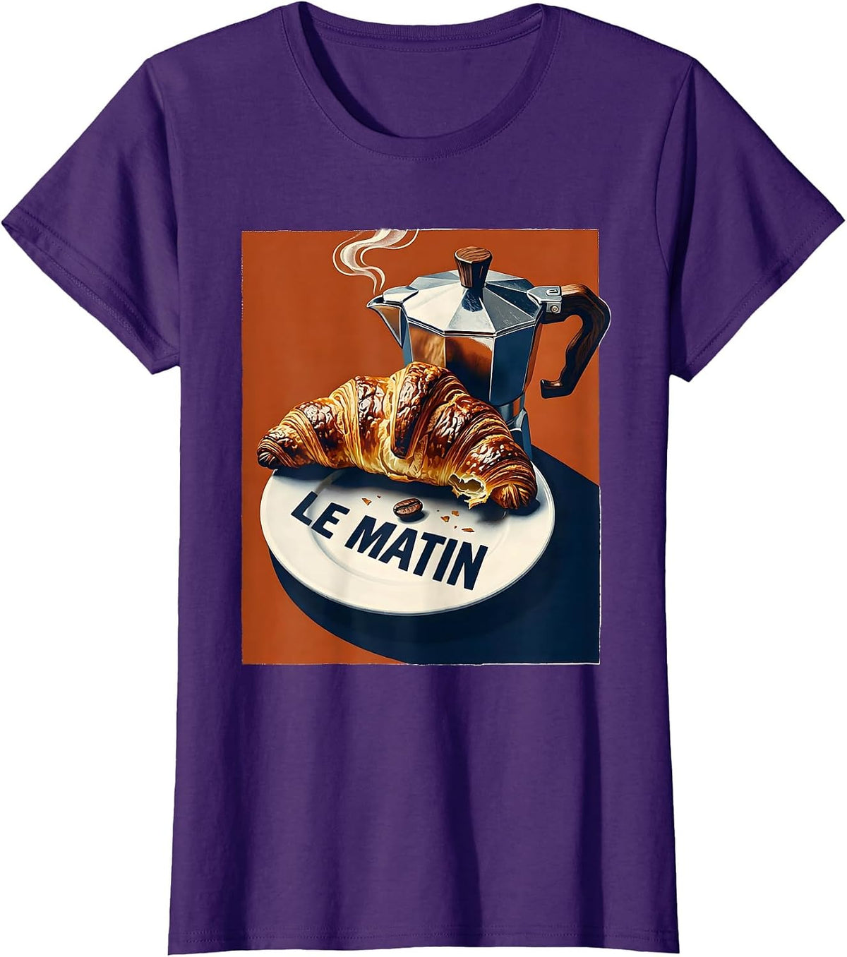Women's Le Matin Coffee Croissant French Café Breakfast Retro T-Shirt - Purple