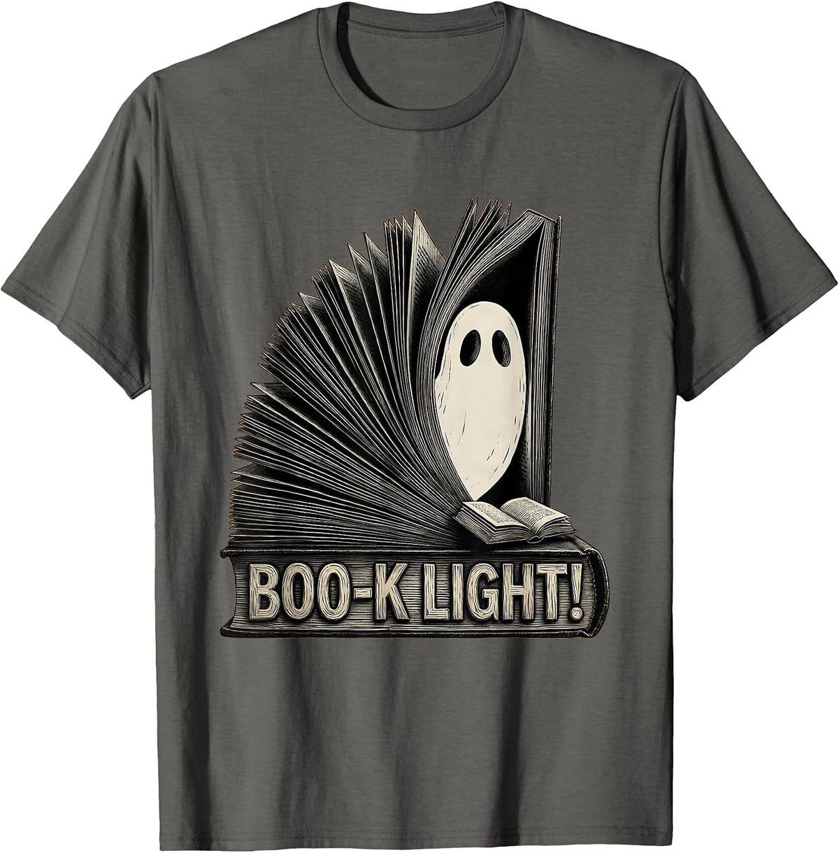 Men's Boo-k Light! Whimsical Cozy Ghost Book Lover Halloween T-Shirt - Asphalt Grey