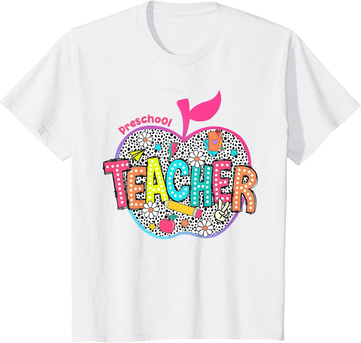 Preschool Teacher Flowers Retro Lightning Back to School T-Shirt - White