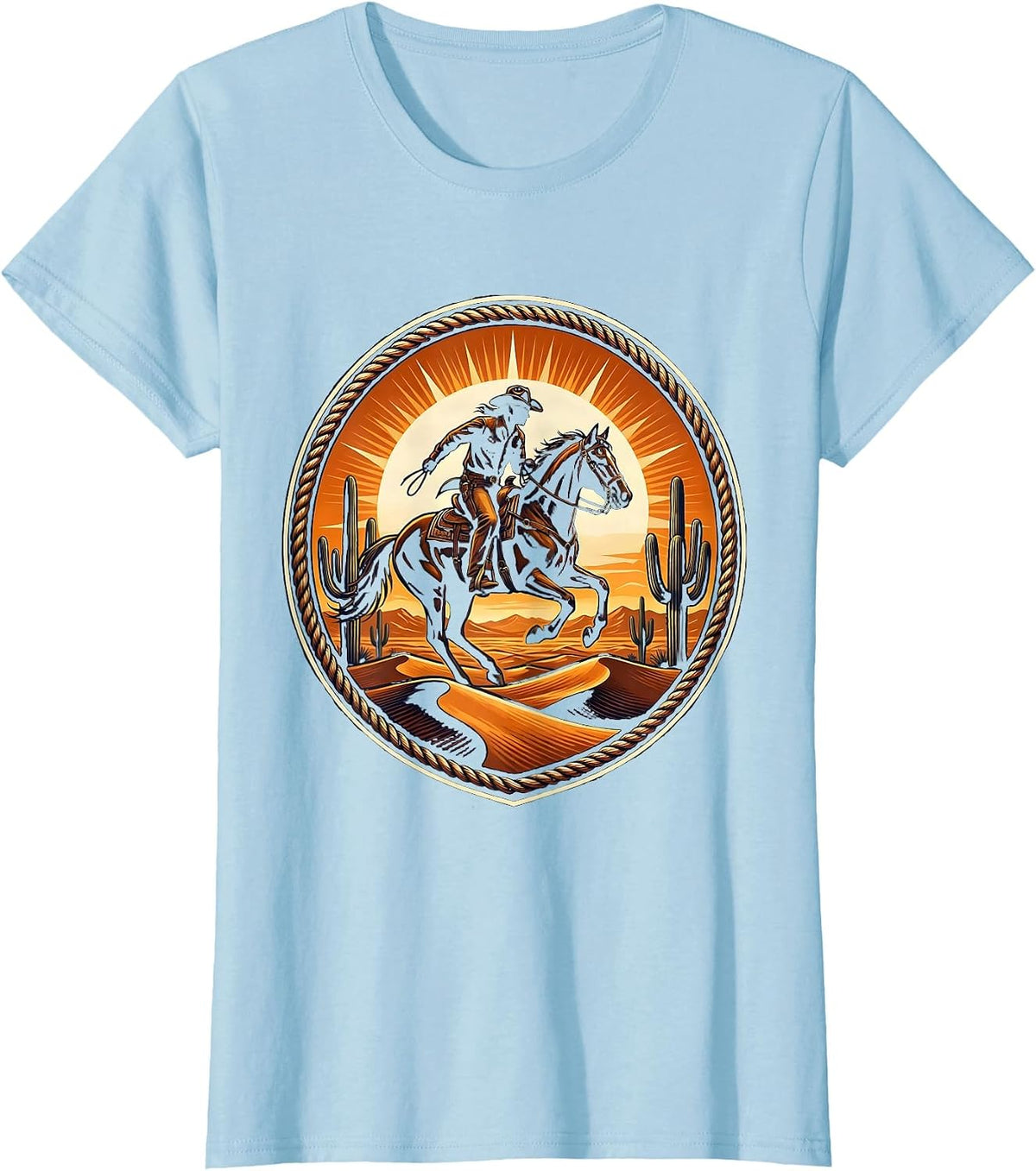 Women's Cowboy Riding Horse Desert Sunset Graphic T-Shirt - Baby Blue