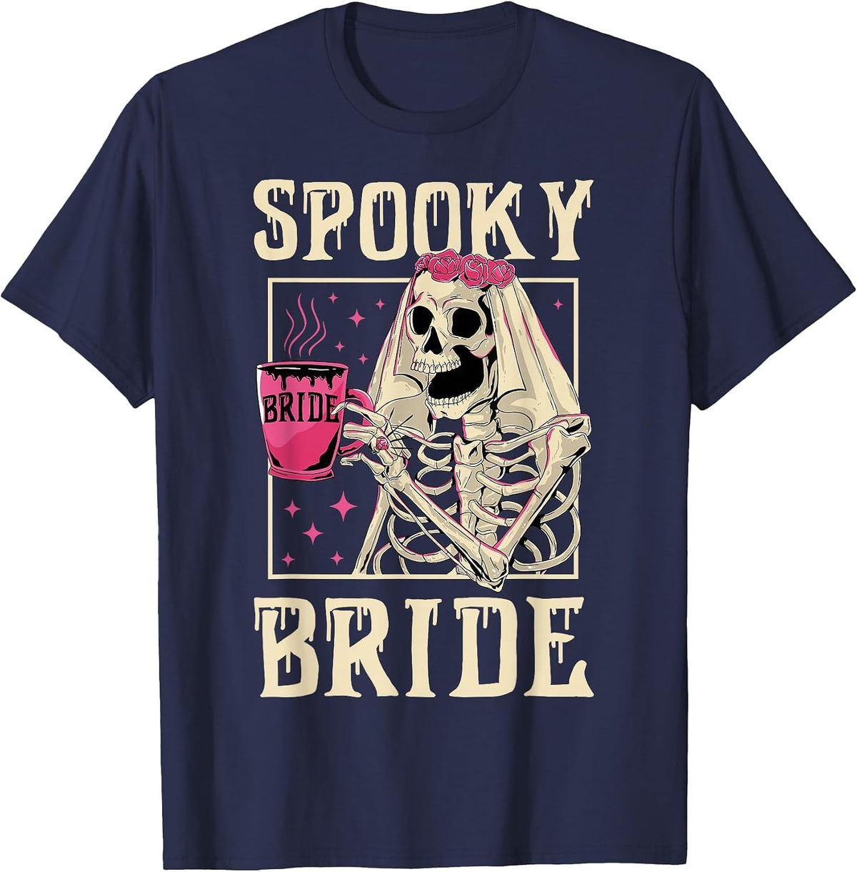 Skeleton Spooky Bride Wedding Bachelorette Halloween Party T-Shirt - Navy Blue